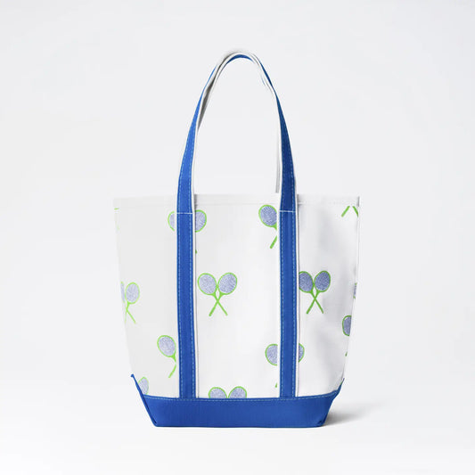 Canvas tennis tote with blue tennis racquets on TennisDuJour.com