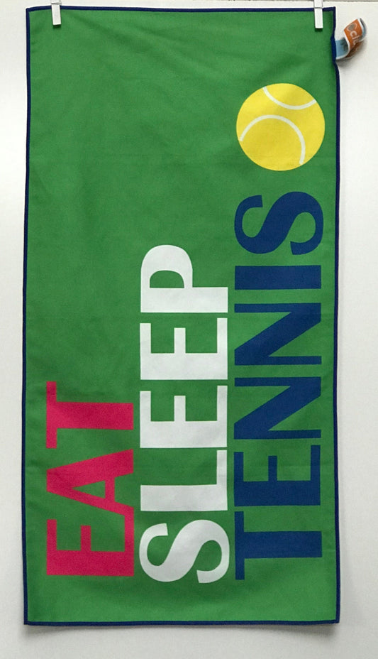Towel with 'Eat Sleep Tennis' text and a tennis ball graphic on a green background