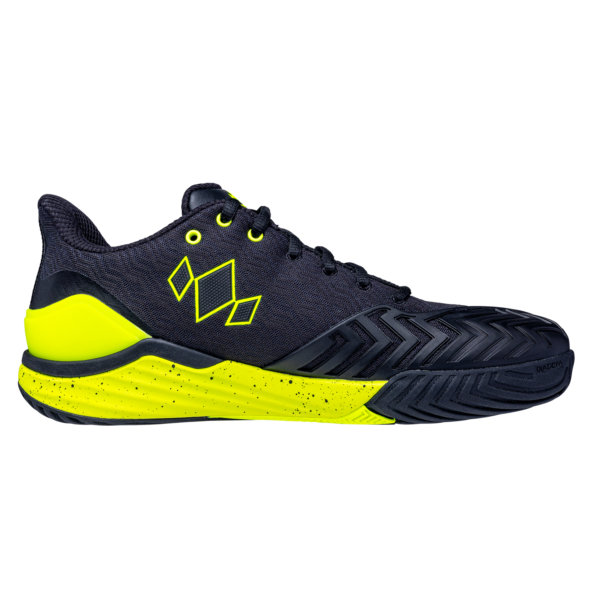 Navy and yellow athletic shoe on a white background