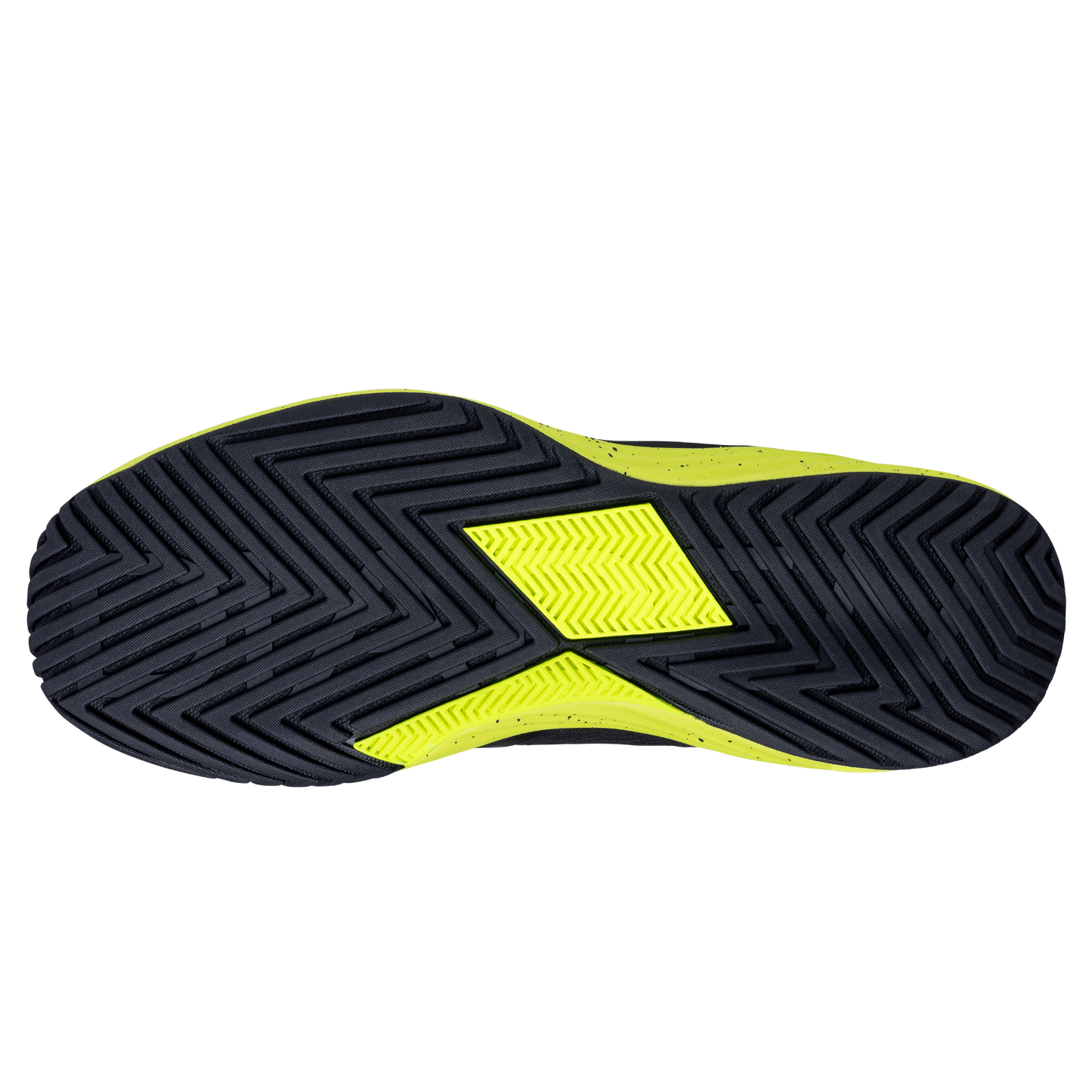 Close-up of a shoe sole with black and yellow pattern on a white background