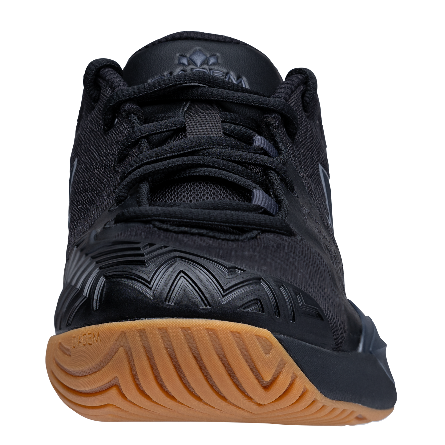 Black athletic shoe with brown sole on a white background