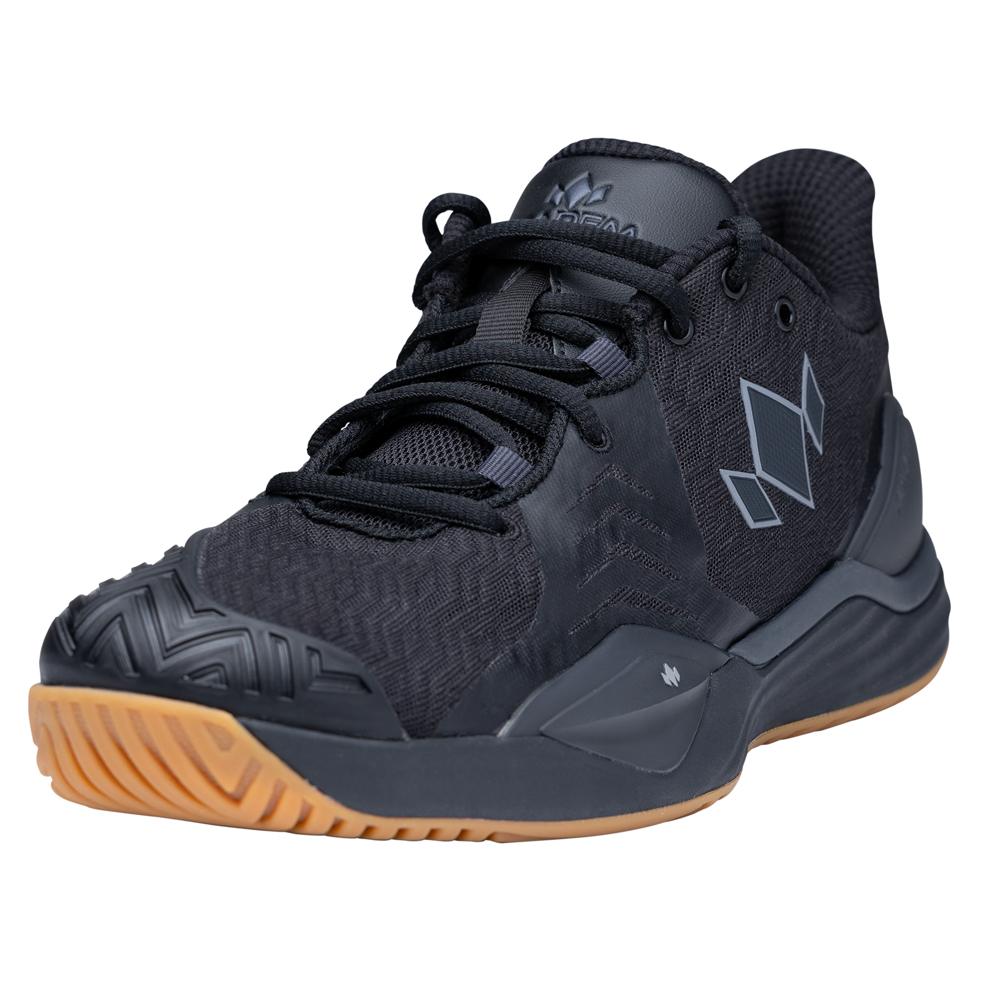 Black athletic shoe with a brown sole on a white background