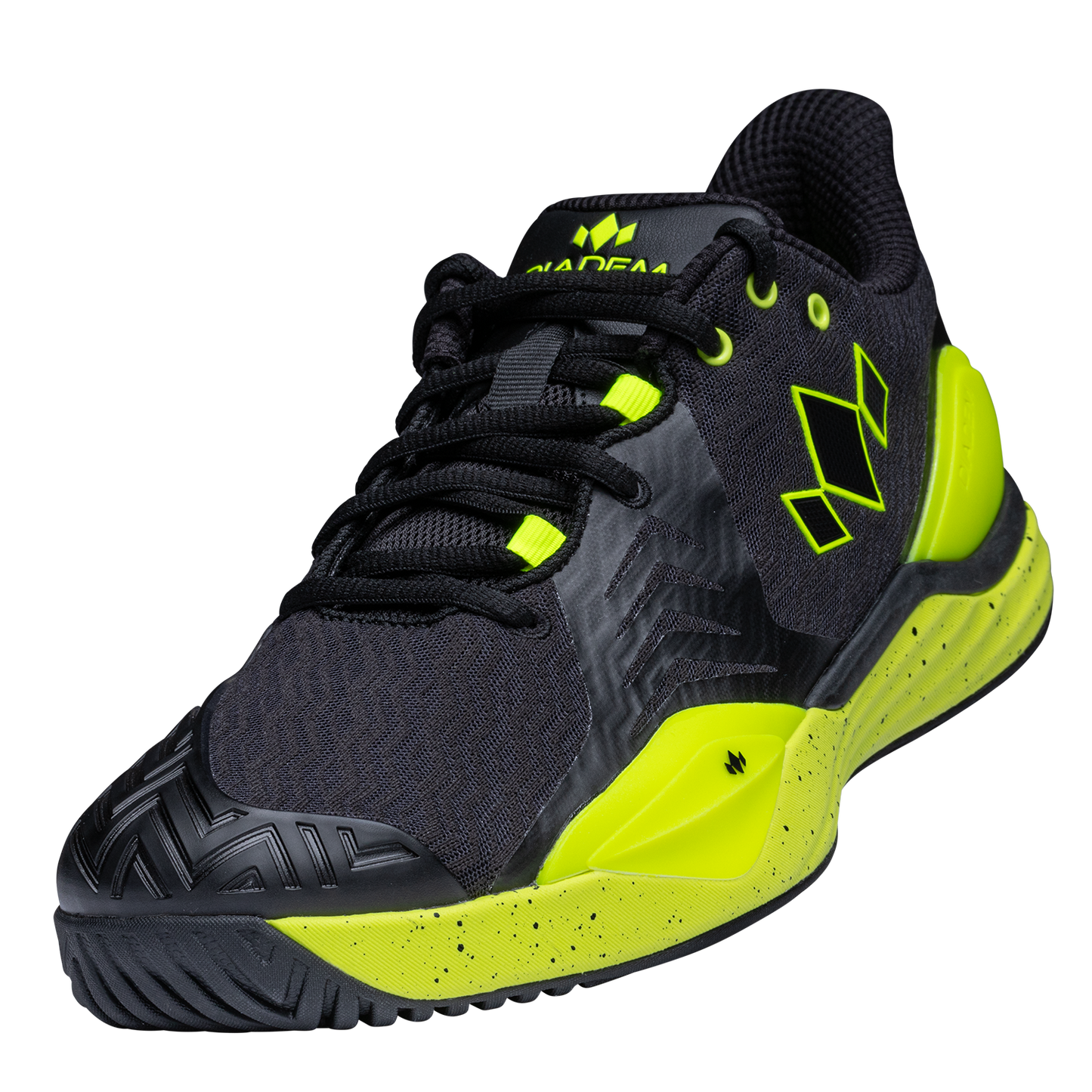 Black and neon green athletic shoe on a white background