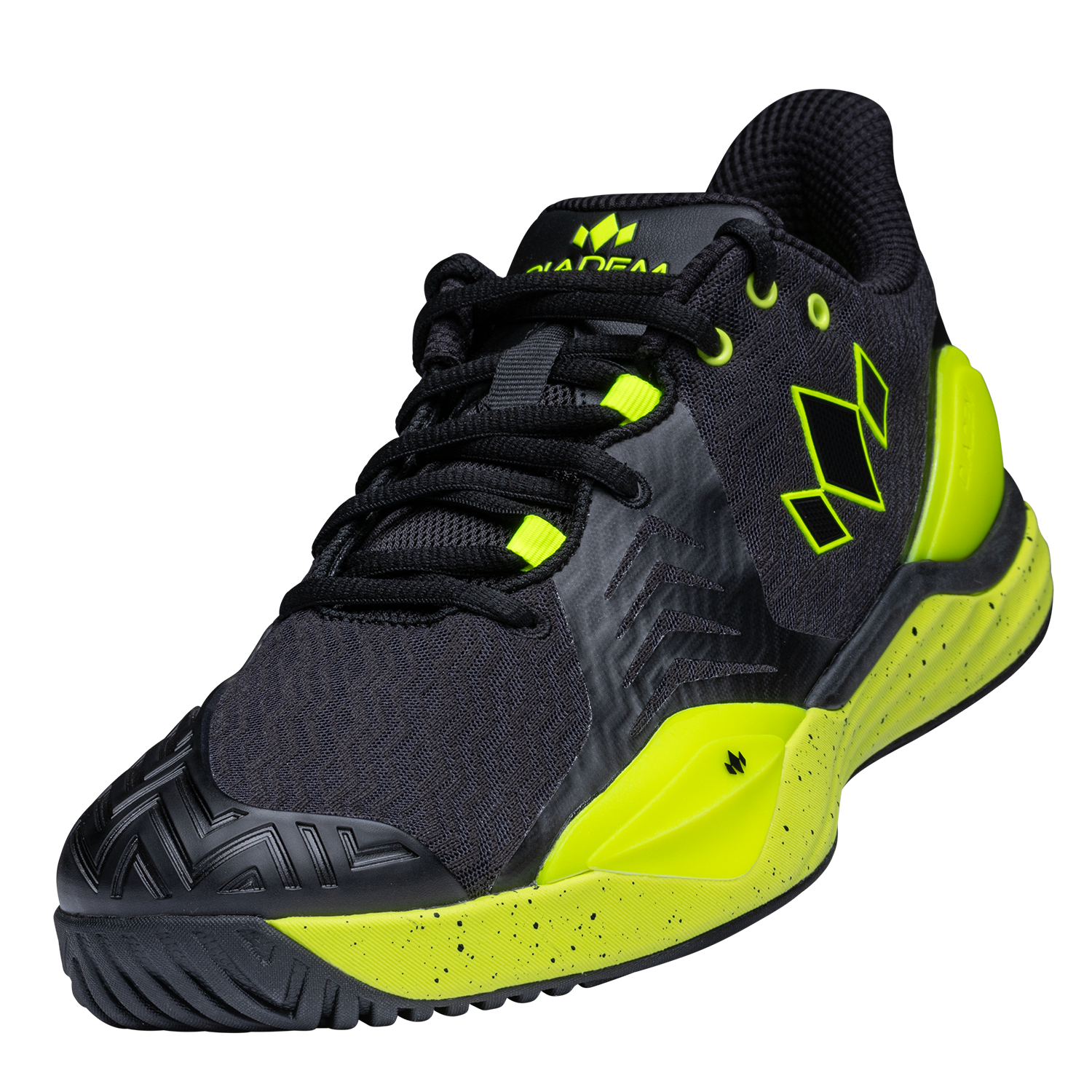 Black and neon green athletic shoe on a white background
