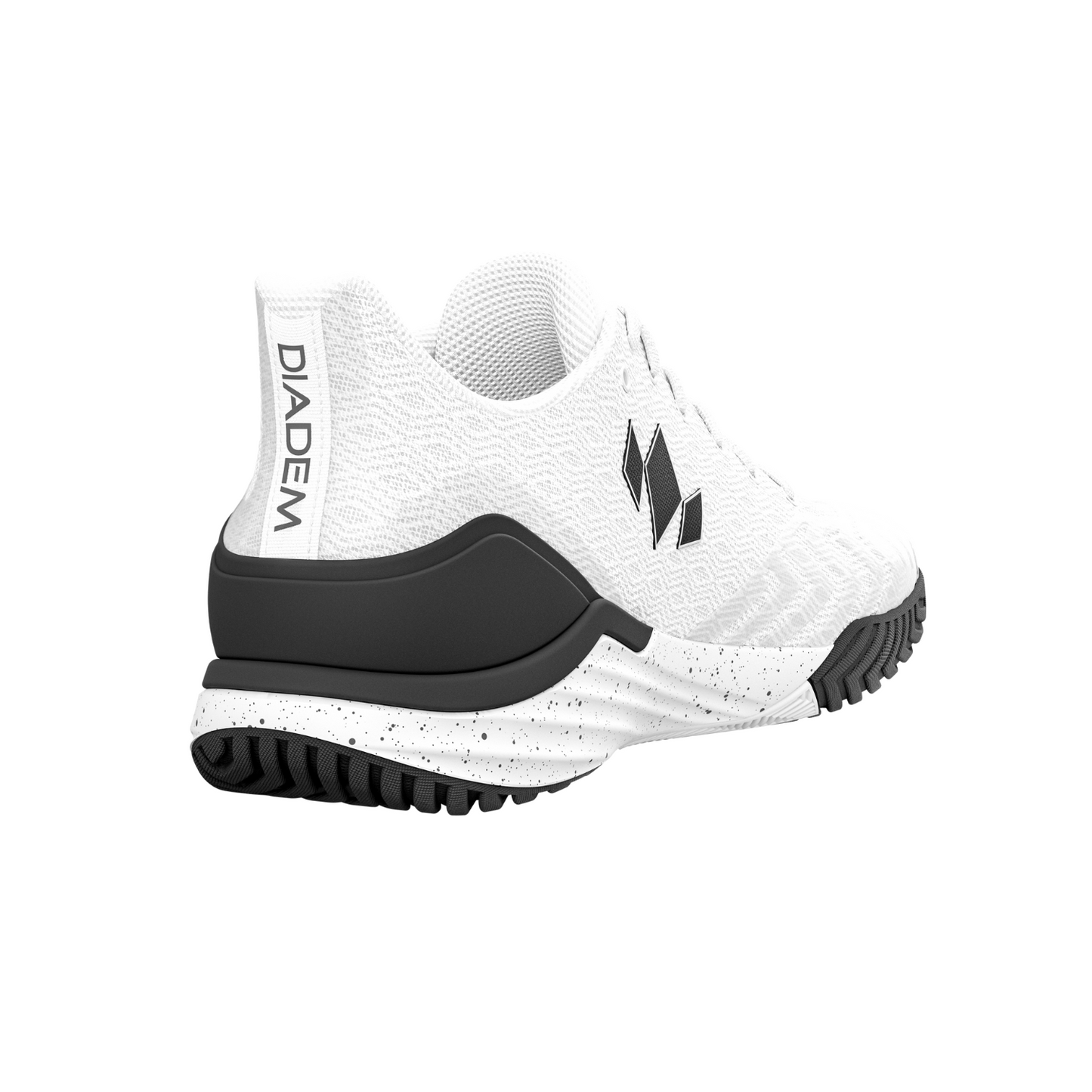 White athletic shoe with black sole on a white background