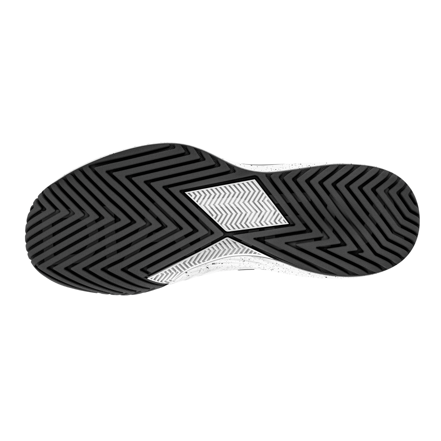 Close-up of a shoe sole with a unique tread pattern on a white background