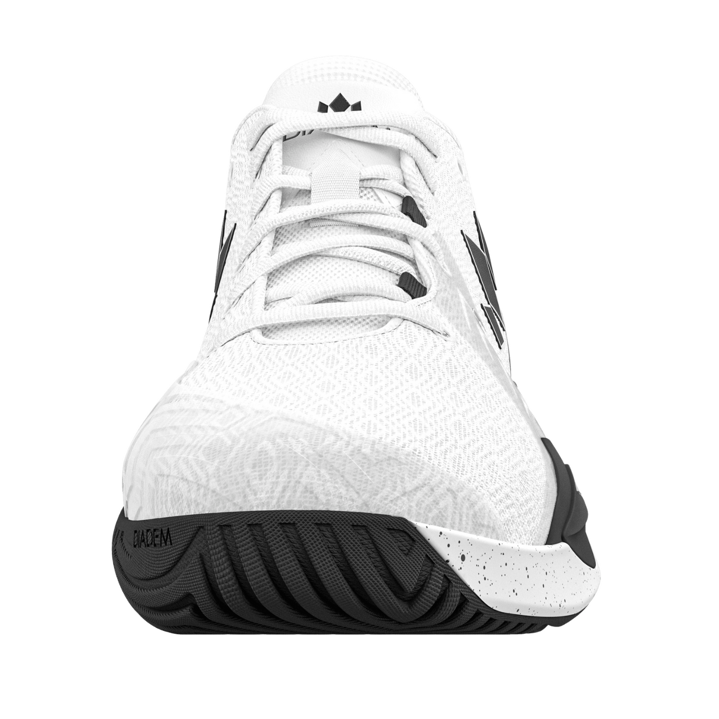 White tennis or pickleball shoe with black sole on a white background