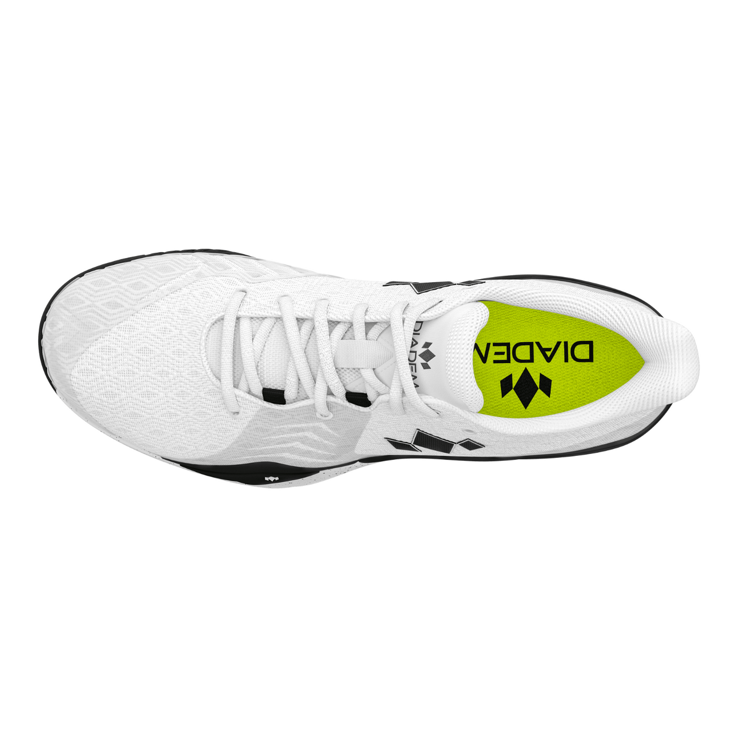 White athletic shoe with a green label on a white background