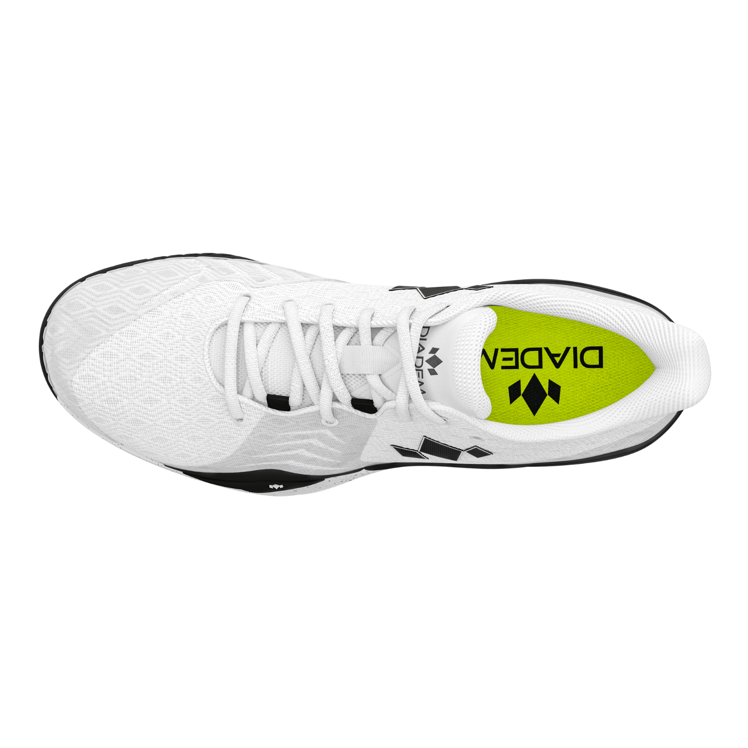 White athletic shoe with a green label on a white background