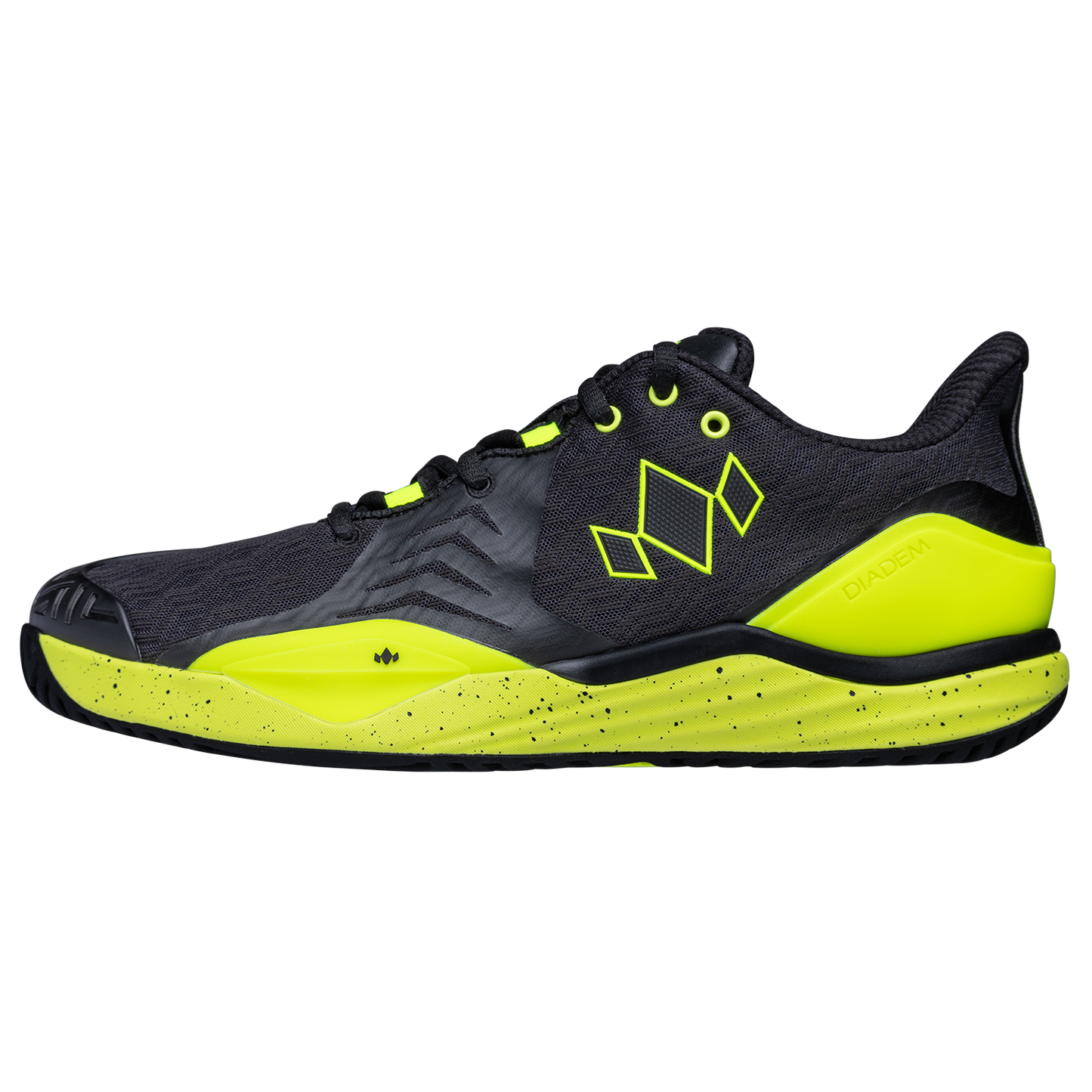 Black and yellow athletic shoe on a white background