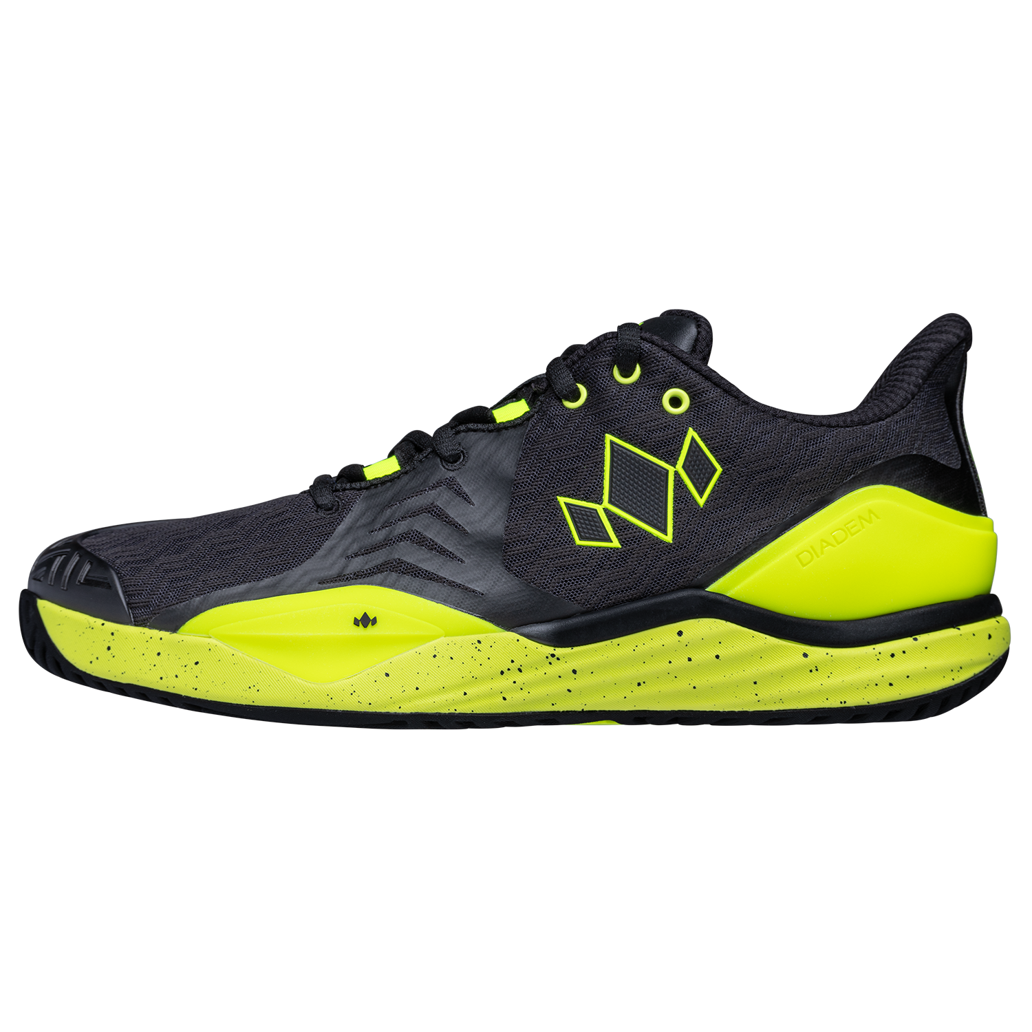 Black and yellow athletic shoe on a white background