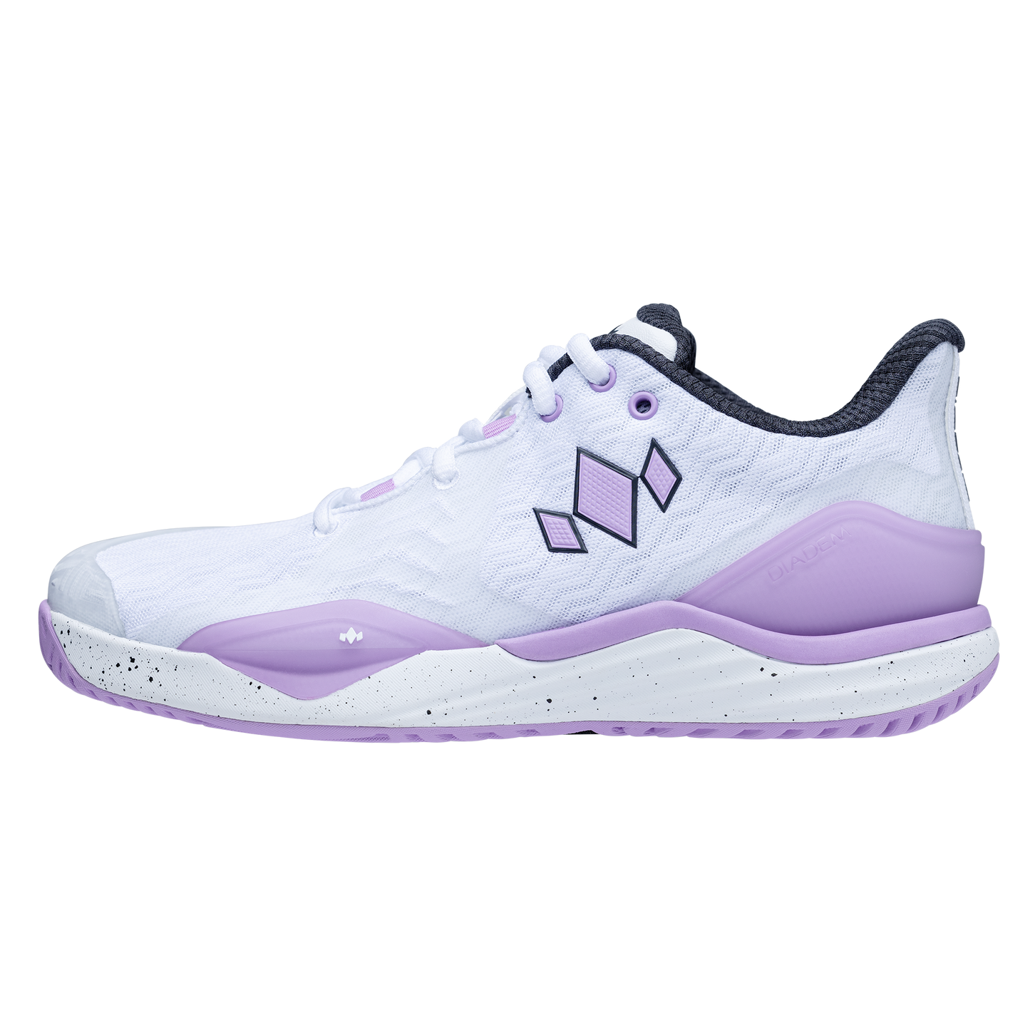White and purple sneaker with a brand logo on a white background