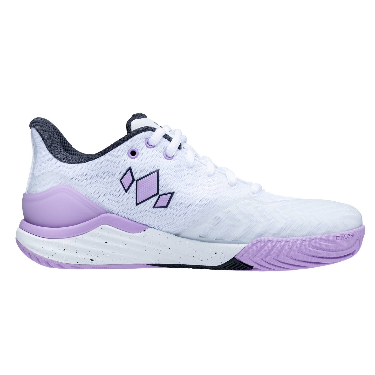 White and purple athletic shoe with a brand logo on a white background