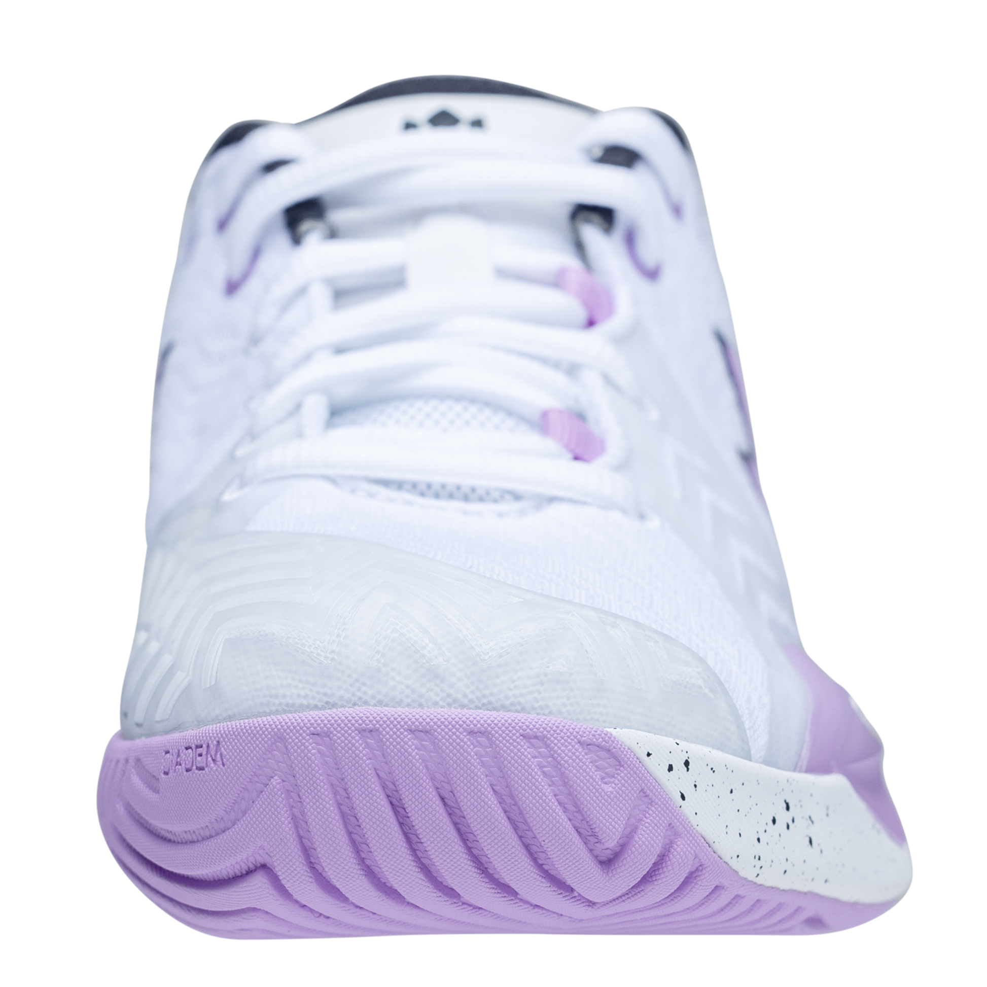 White and purple athletic shoe on a white background