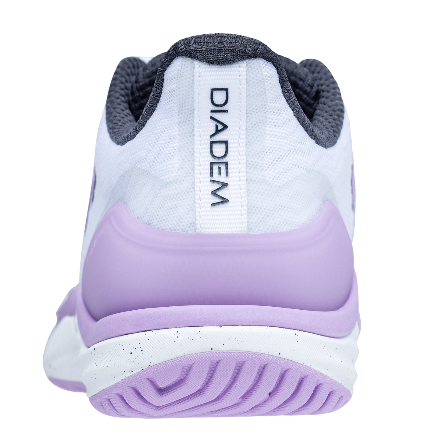 Back view of a Diadem running shoe with white and purple design on a white background