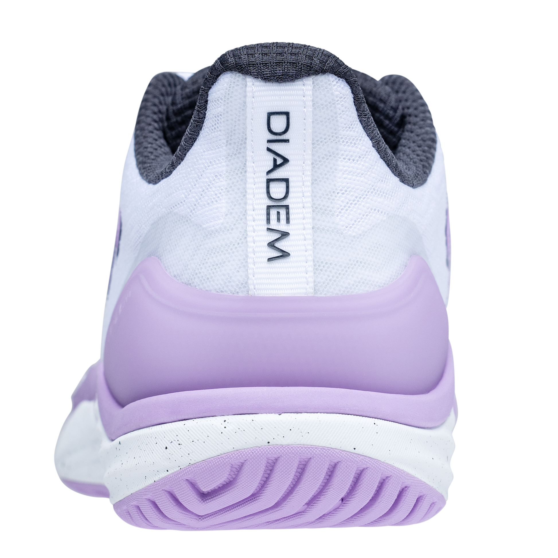 Back view of a Diadem running shoe with white and purple design on a white background