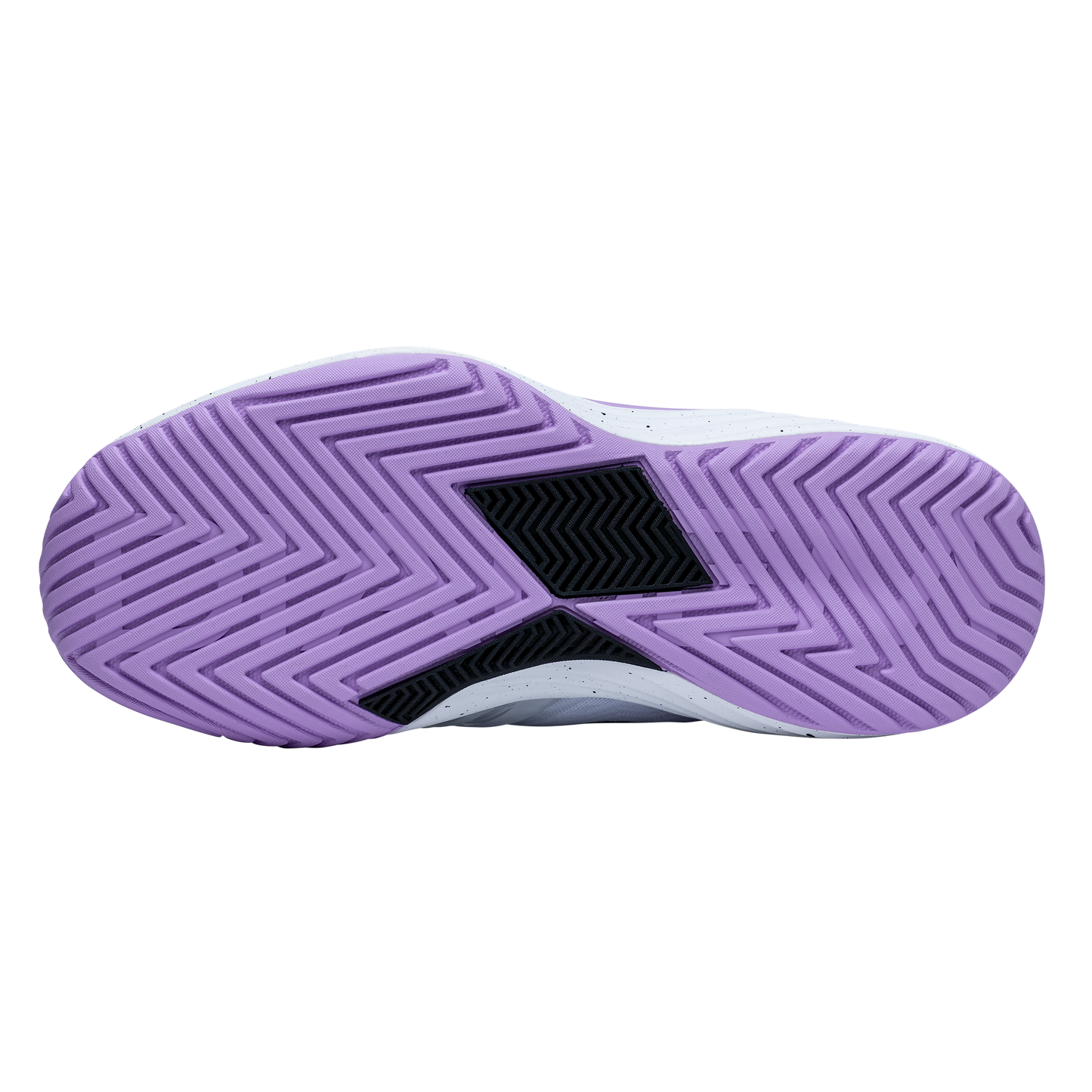 Purple and white shoe sole with a black logo on a white background