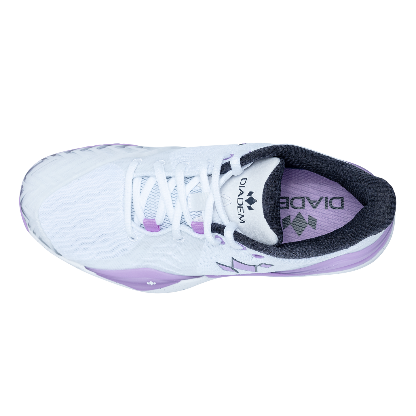 White and purple running shoe with black accents on a white background