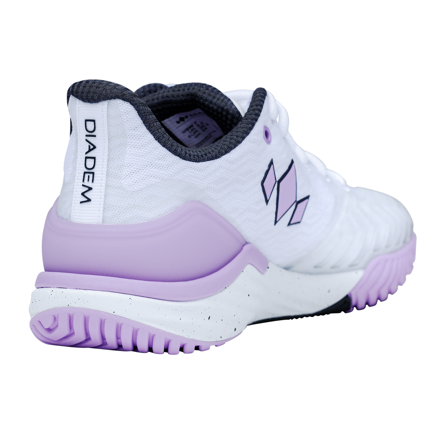 White and purple tennis shoe with Diadora branding on a white background