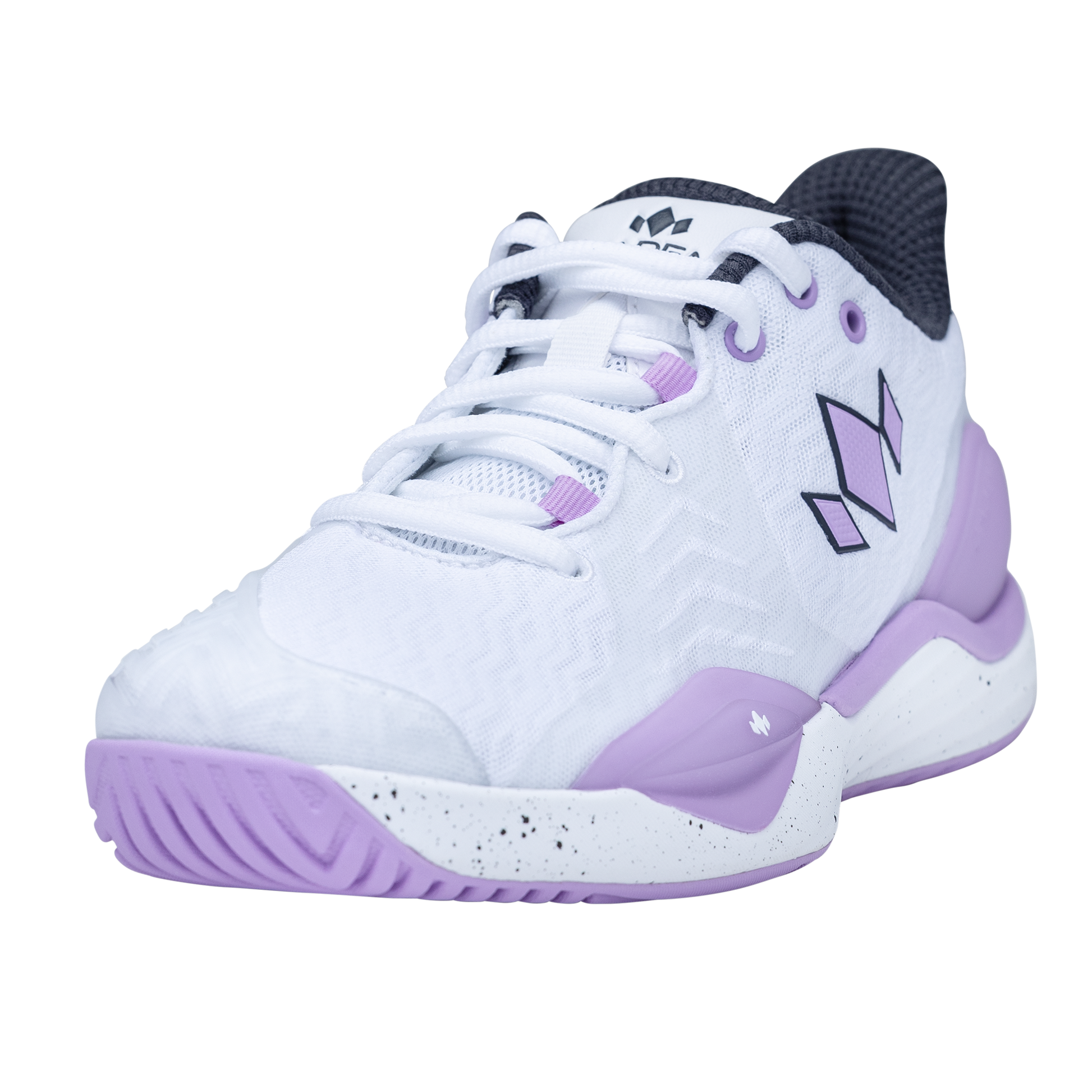 White and purple athletic shoe with brand logo on a white background