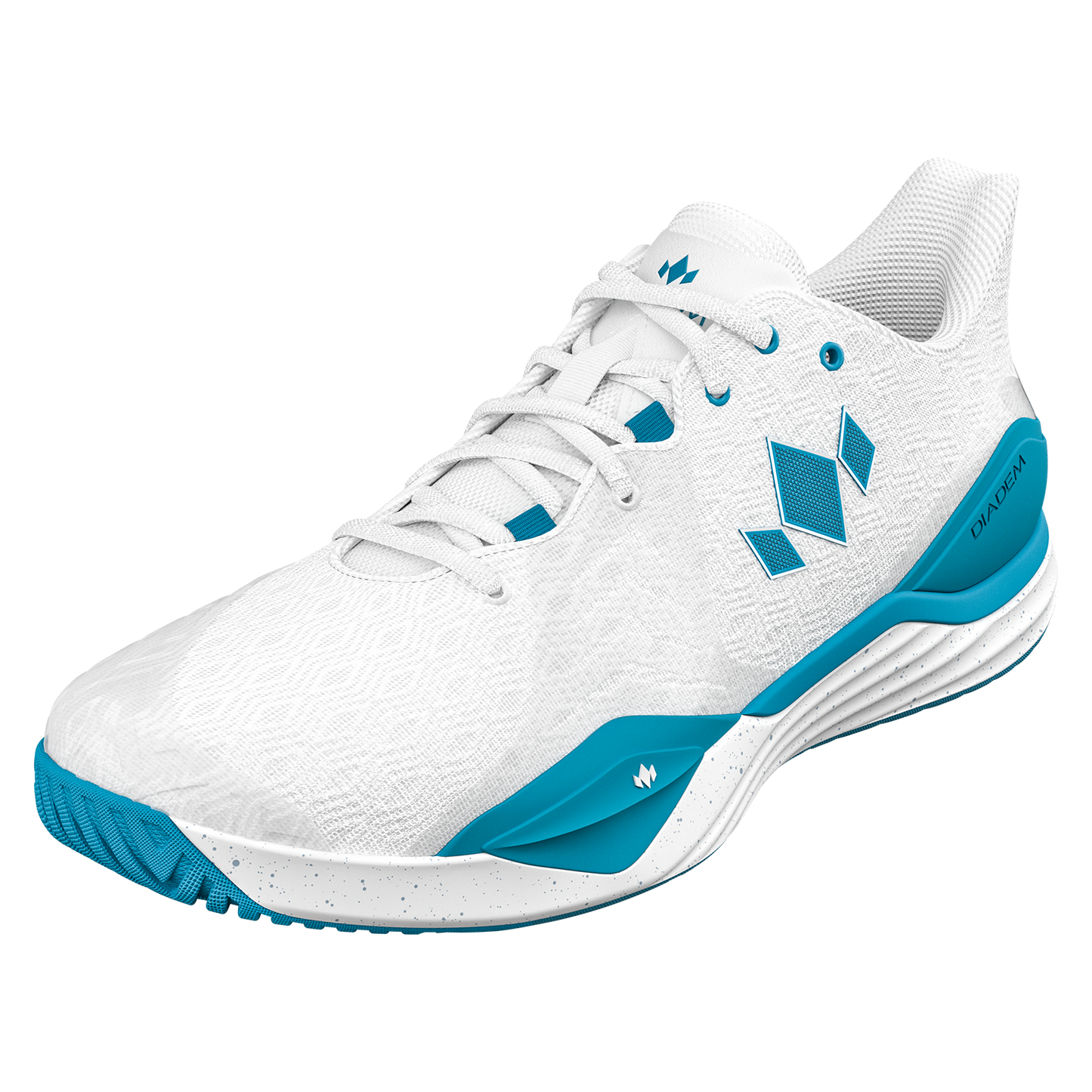 White and blue athletic shoe on a white background