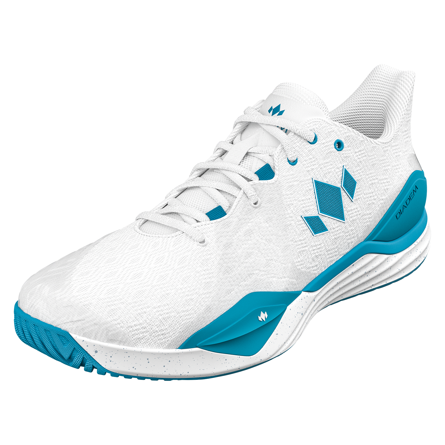 White and blue athletic shoe on a white background