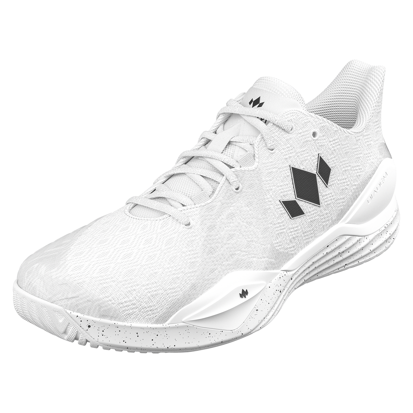 White athletic shoe with brand logo on a white background