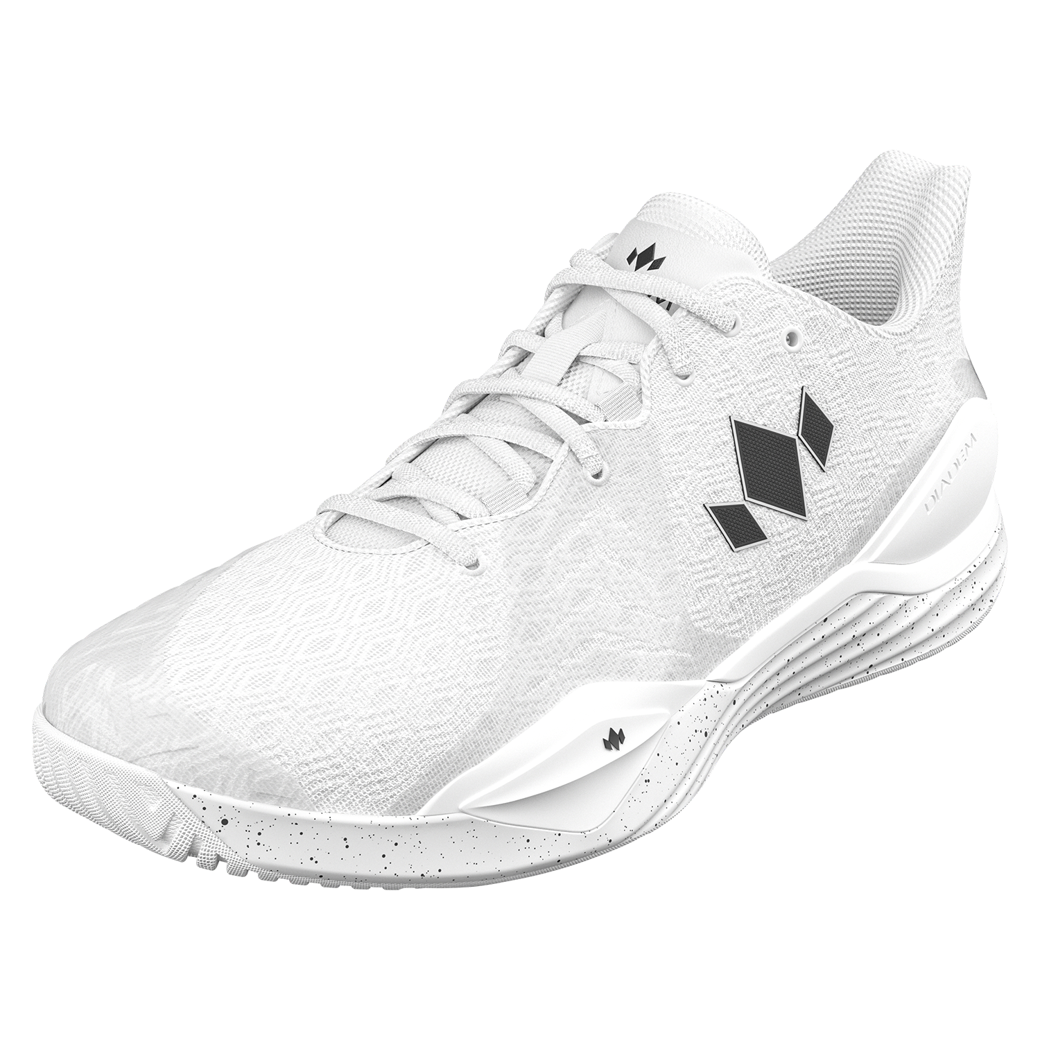 White athletic shoe with brand logo on a white background