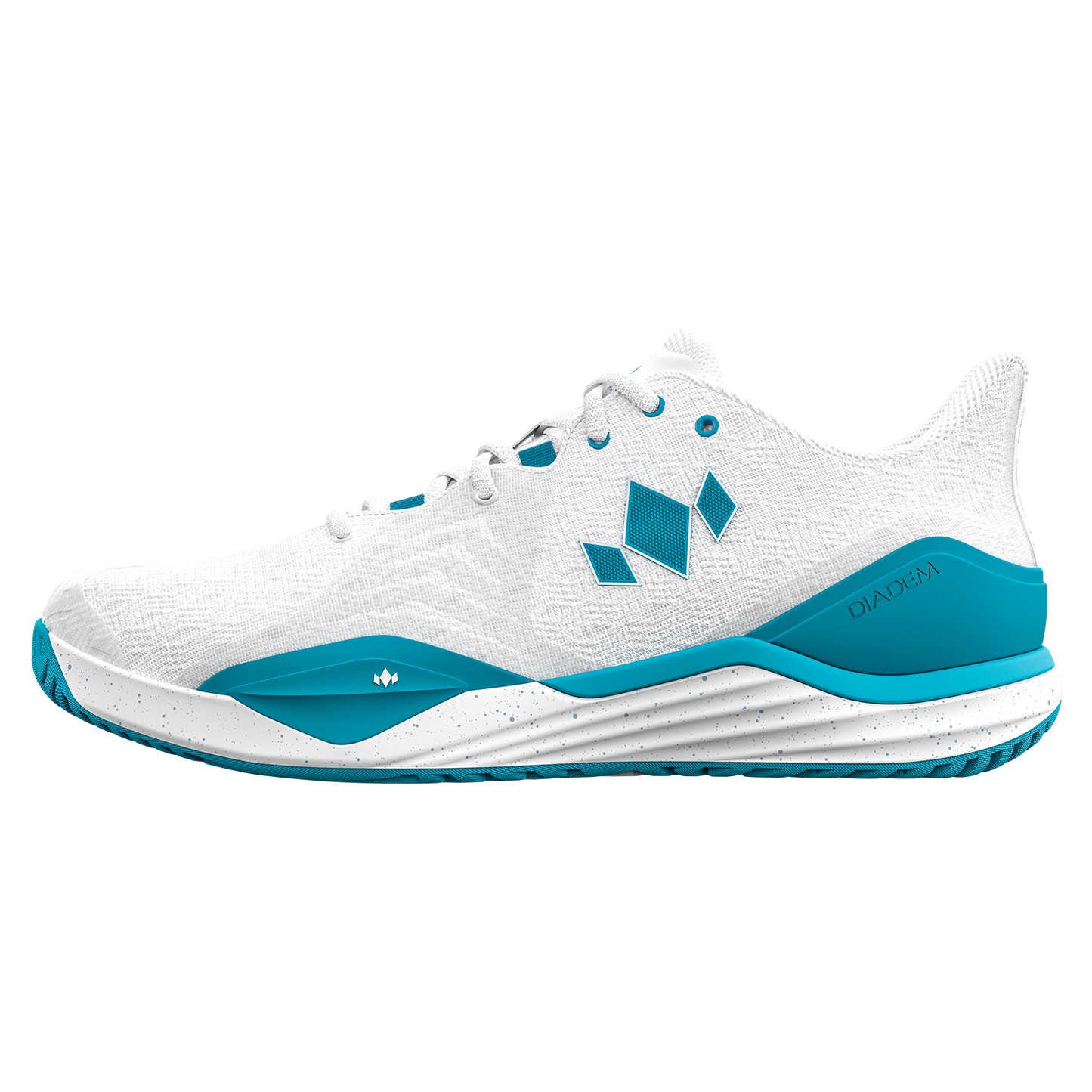 White and blue athletic shoe on a white background