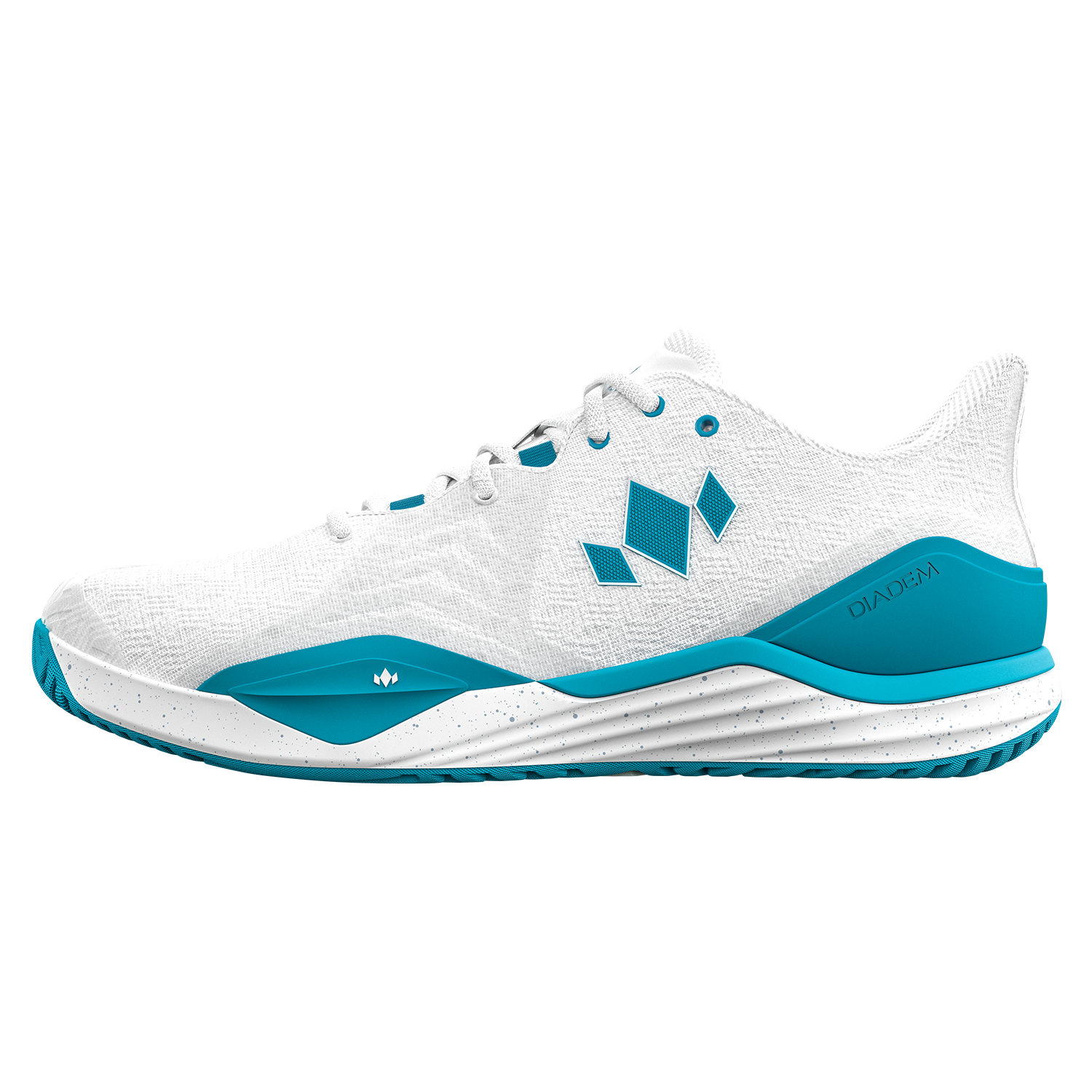 White and blue athletic shoe on a white background