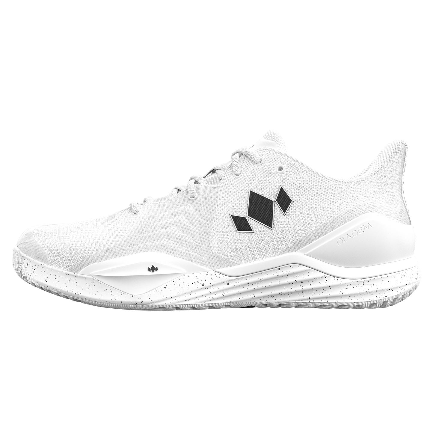 White athletic shoe with a black logo on a white background