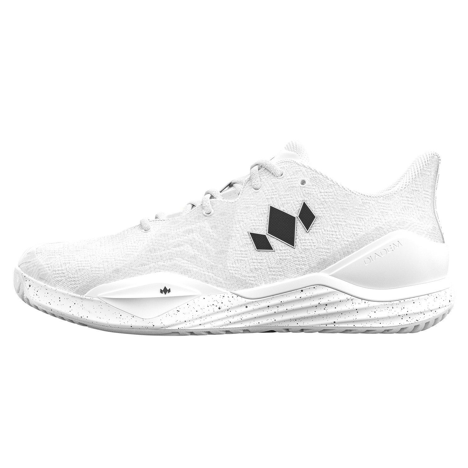 White athletic shoe with a black logo on a white background