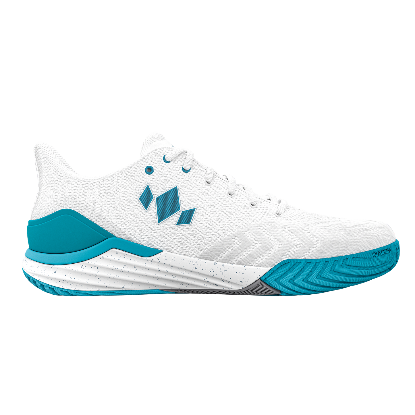 White athletic shoe with blue accents on a white background