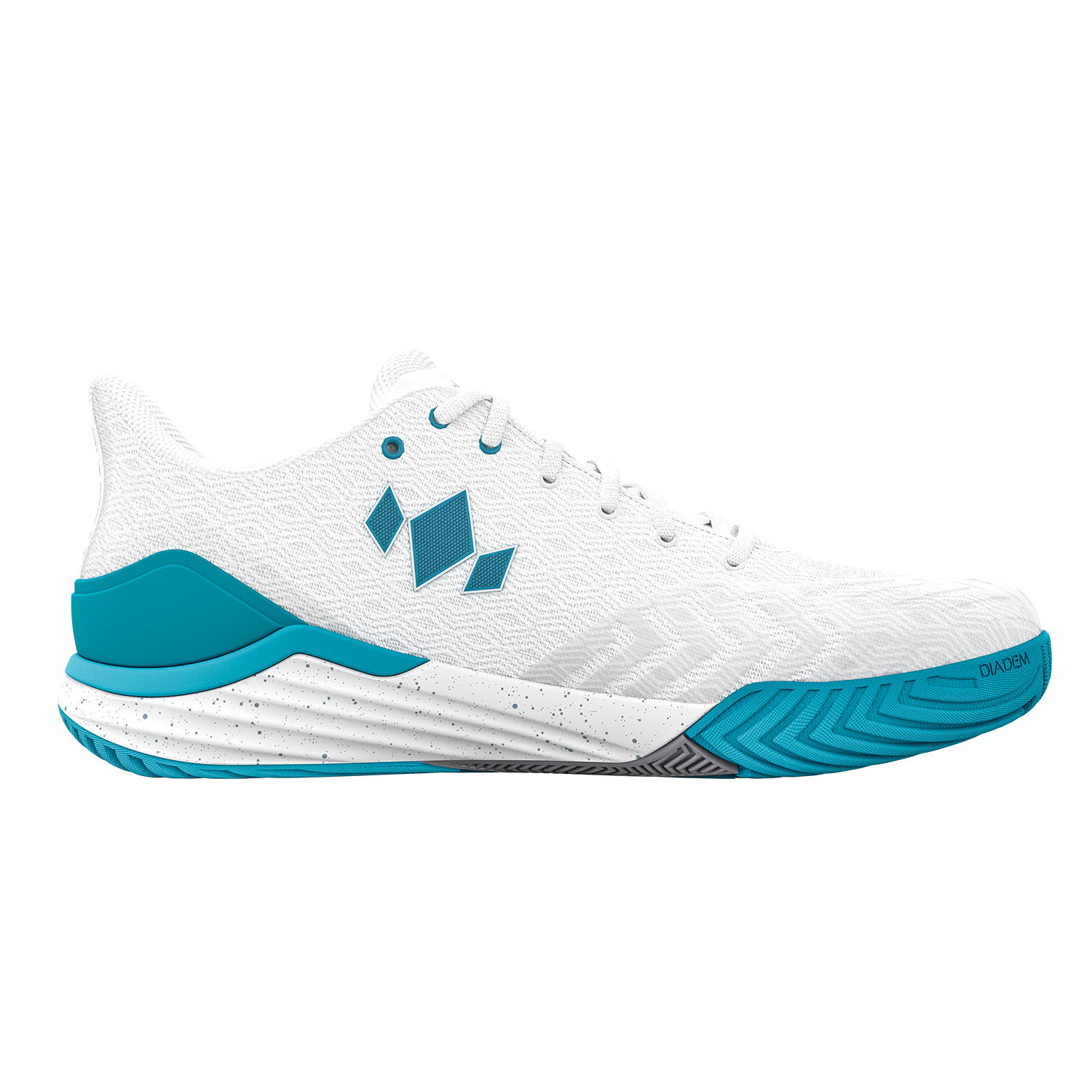 White athletic shoe with blue accents on a white background
