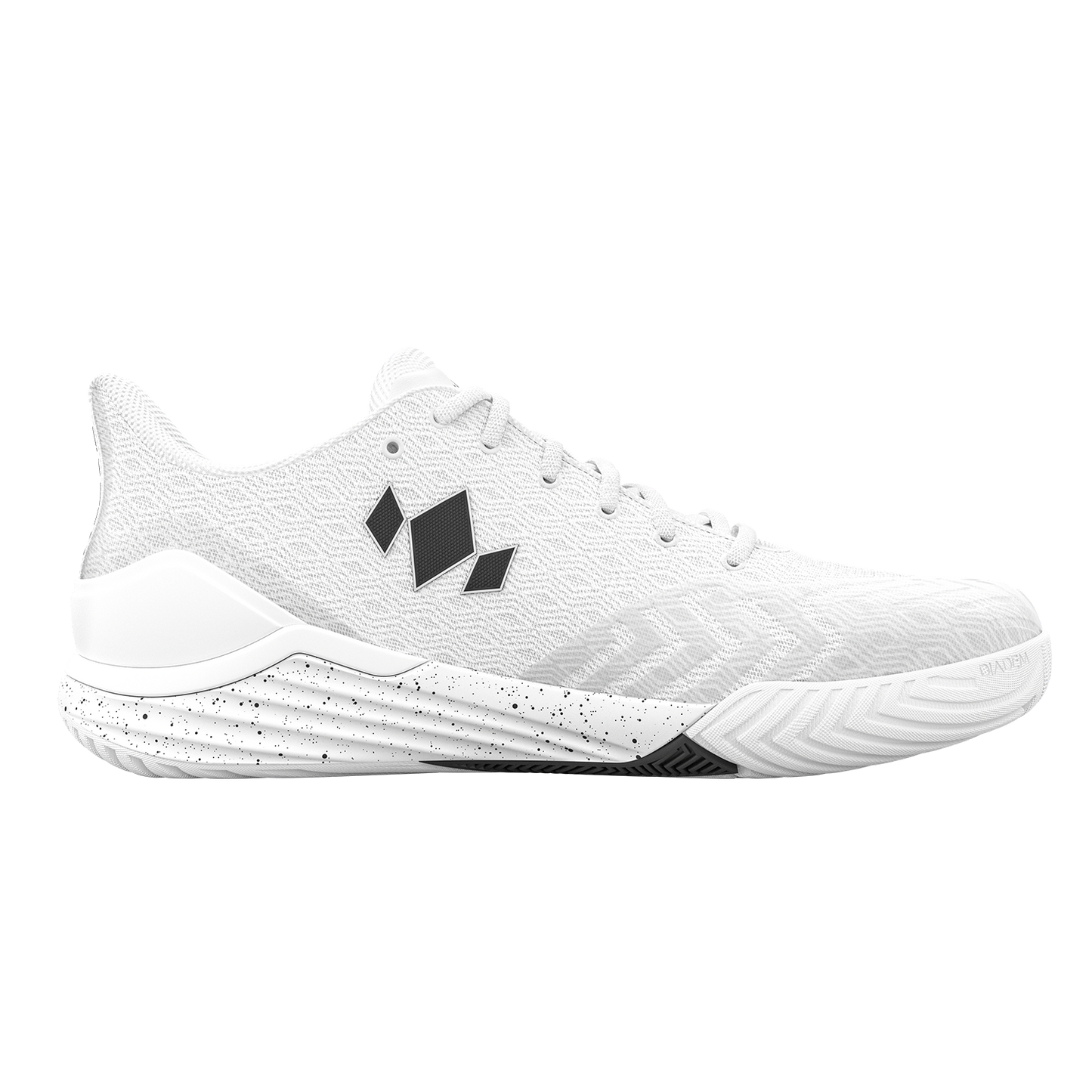White athletic shoe with black diamond logo on a white background