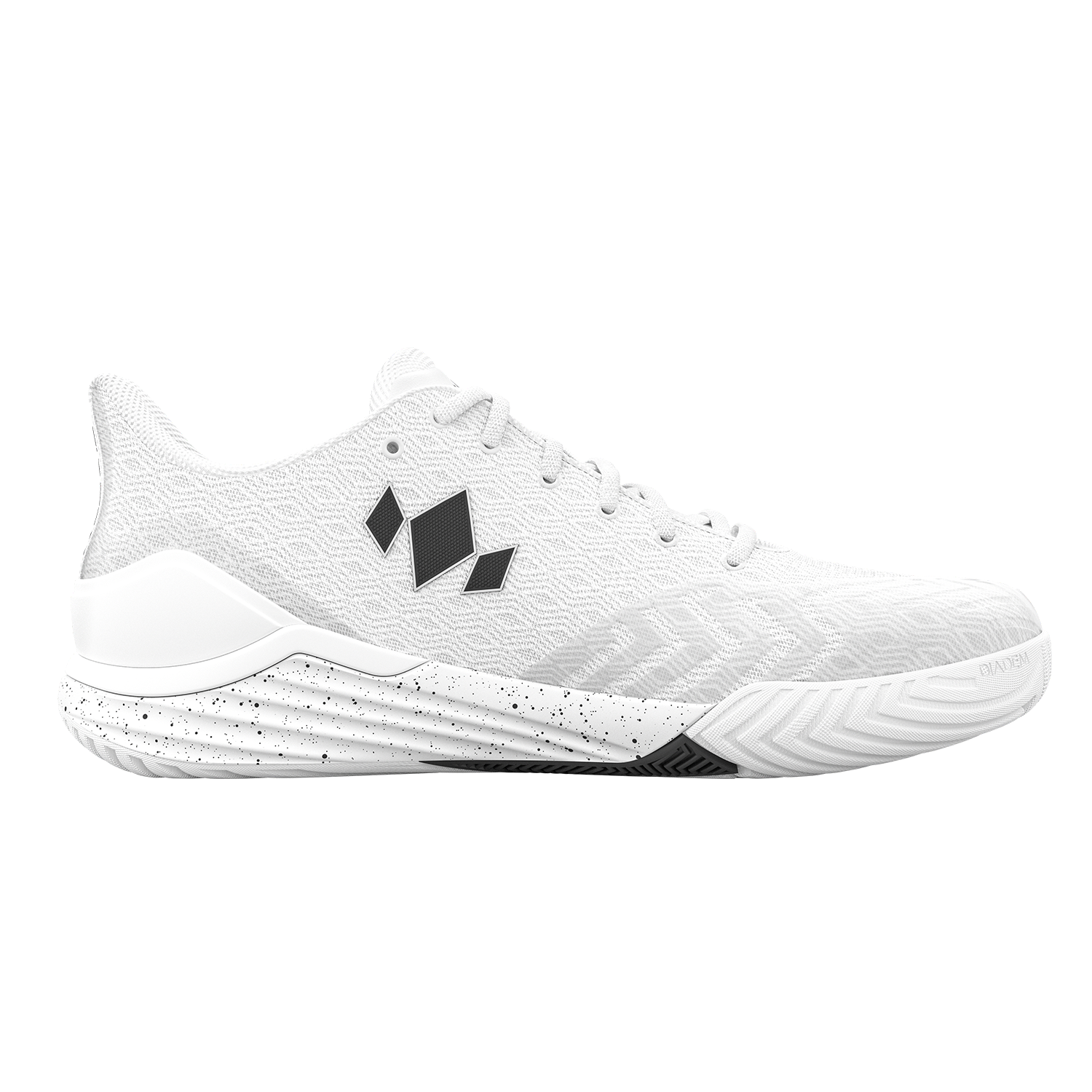 White athletic shoe with black diamond logo on a white background