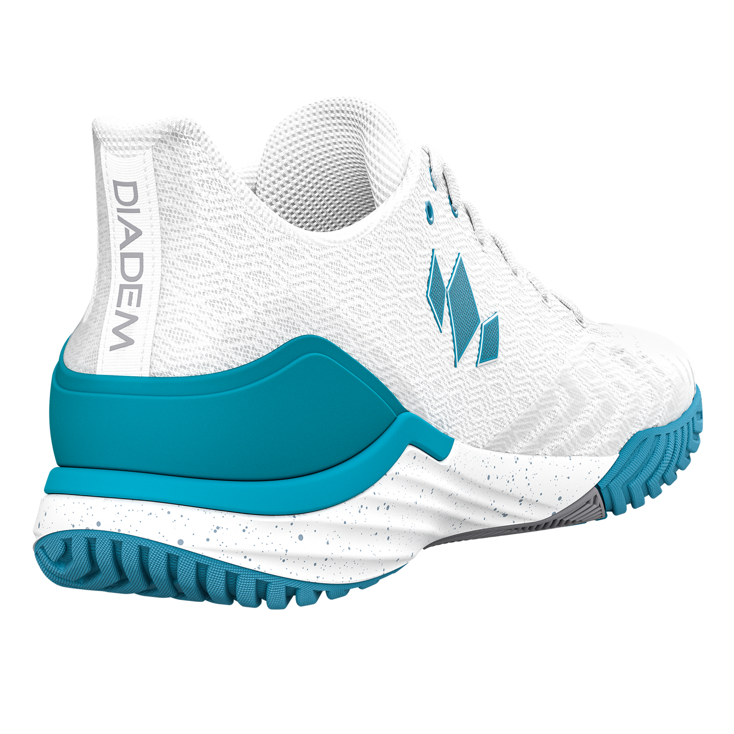 White and blue athletic shoe with Diadem branding on a white background