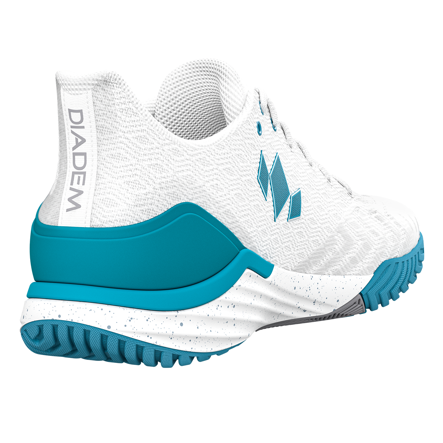 White and blue athletic shoe with Diadem branding on a white background