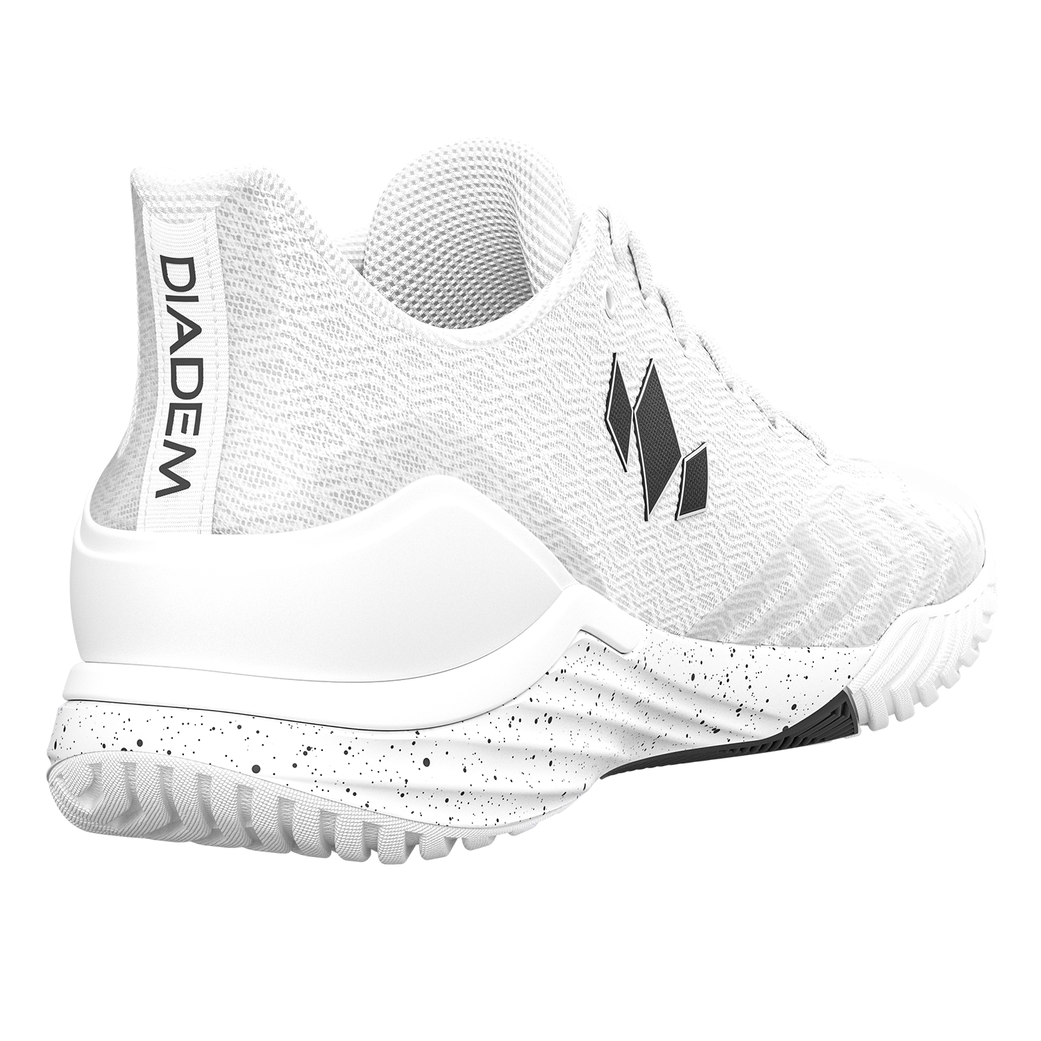 White athletic shoe with black speckles on a white background