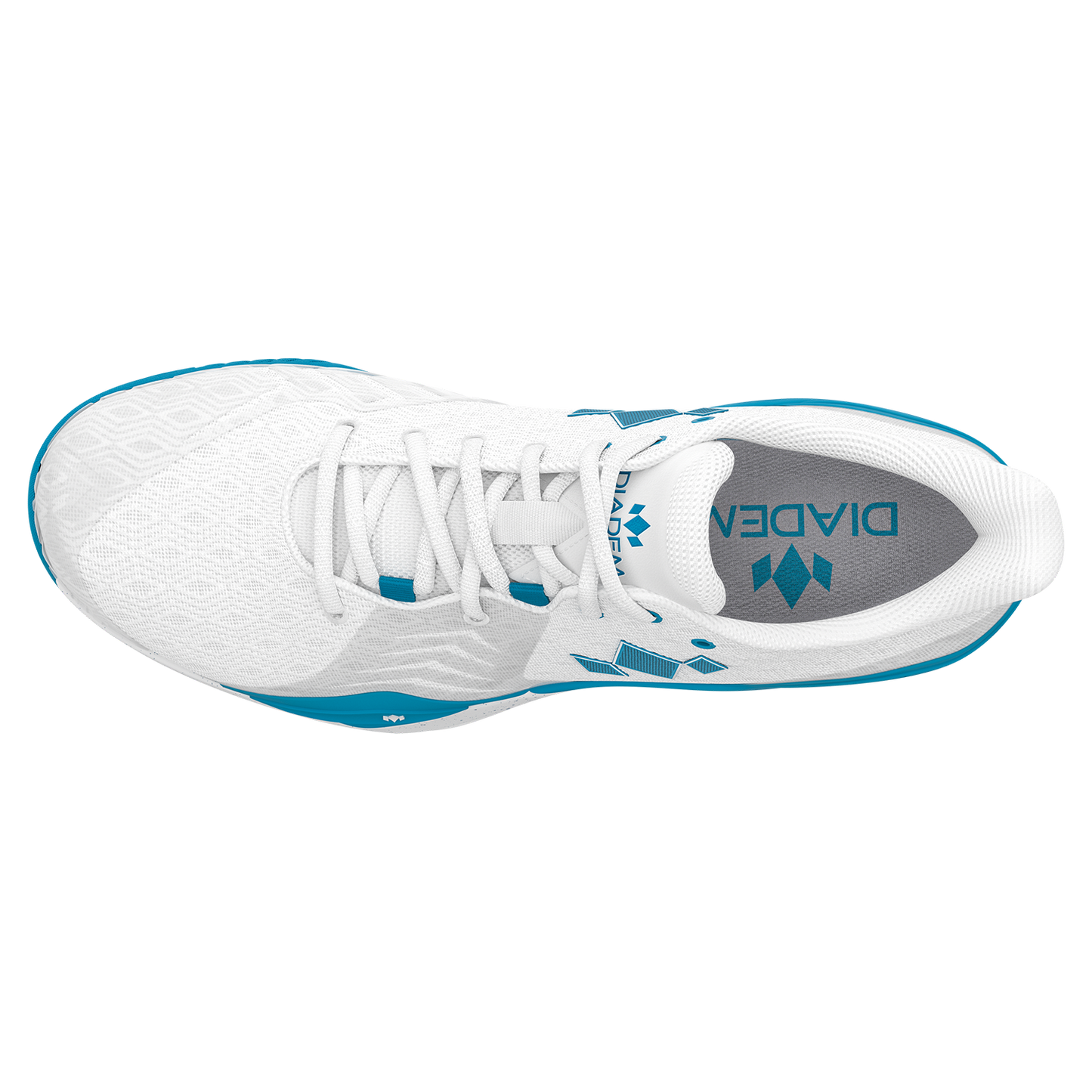 White running shoe with blue accents on a white background