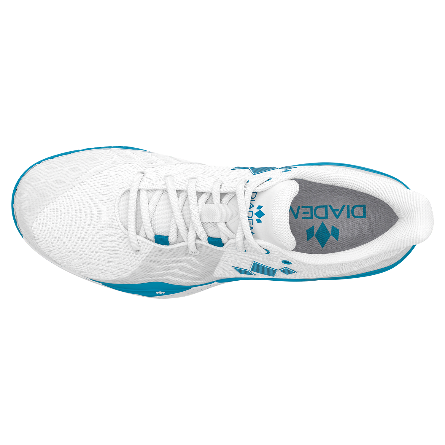 White running shoe with blue accents on a white background