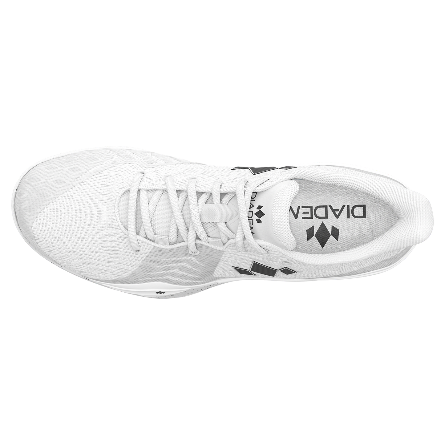 White athletic shoe with black accents on a white background