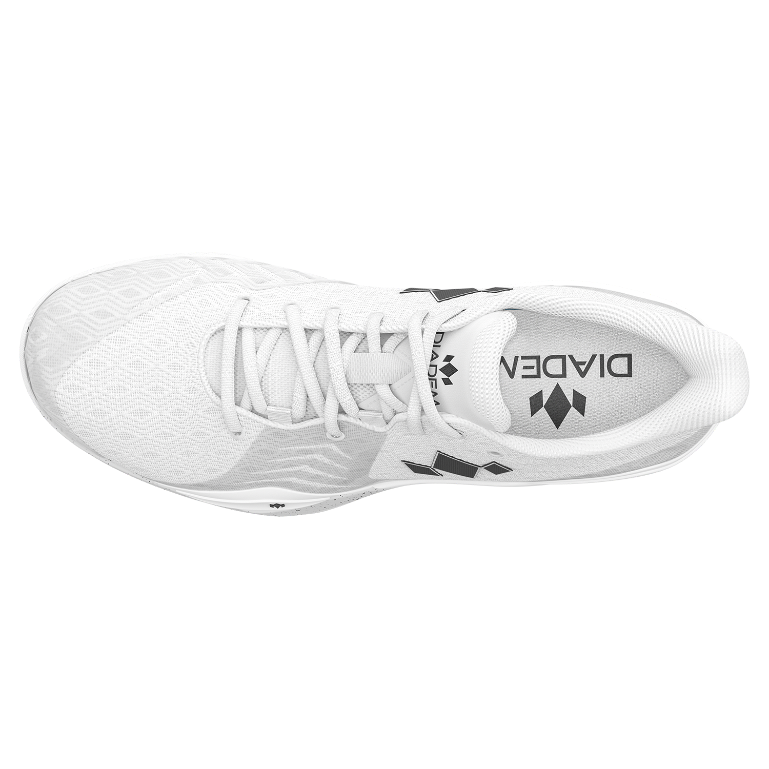 White athletic shoe with black accents on a white background