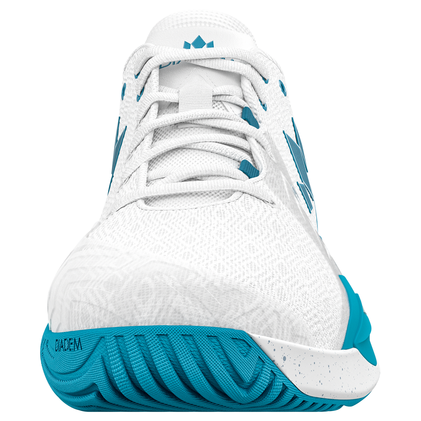 White and blue athletic shoe on a white background