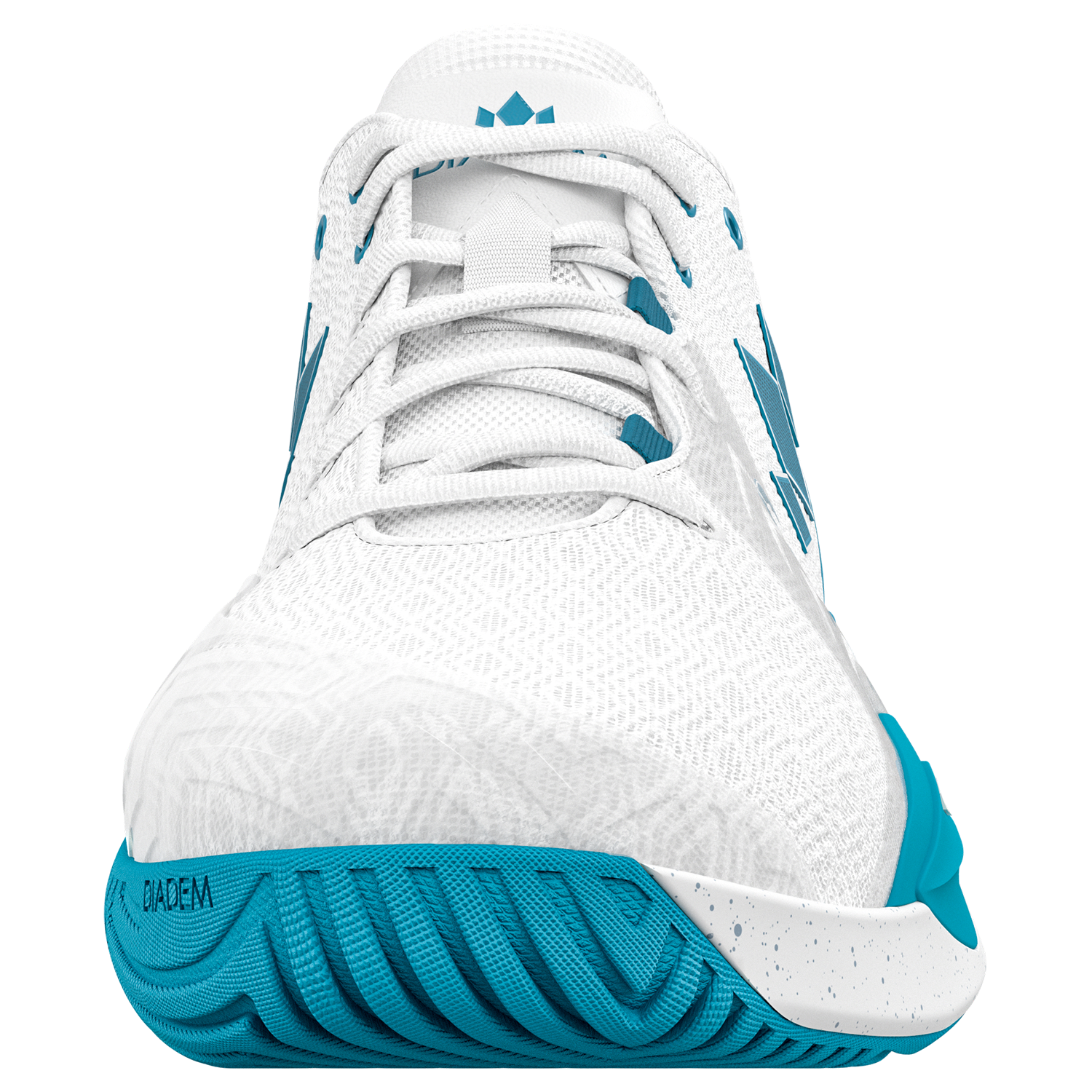 White and blue athletic shoe on a white background