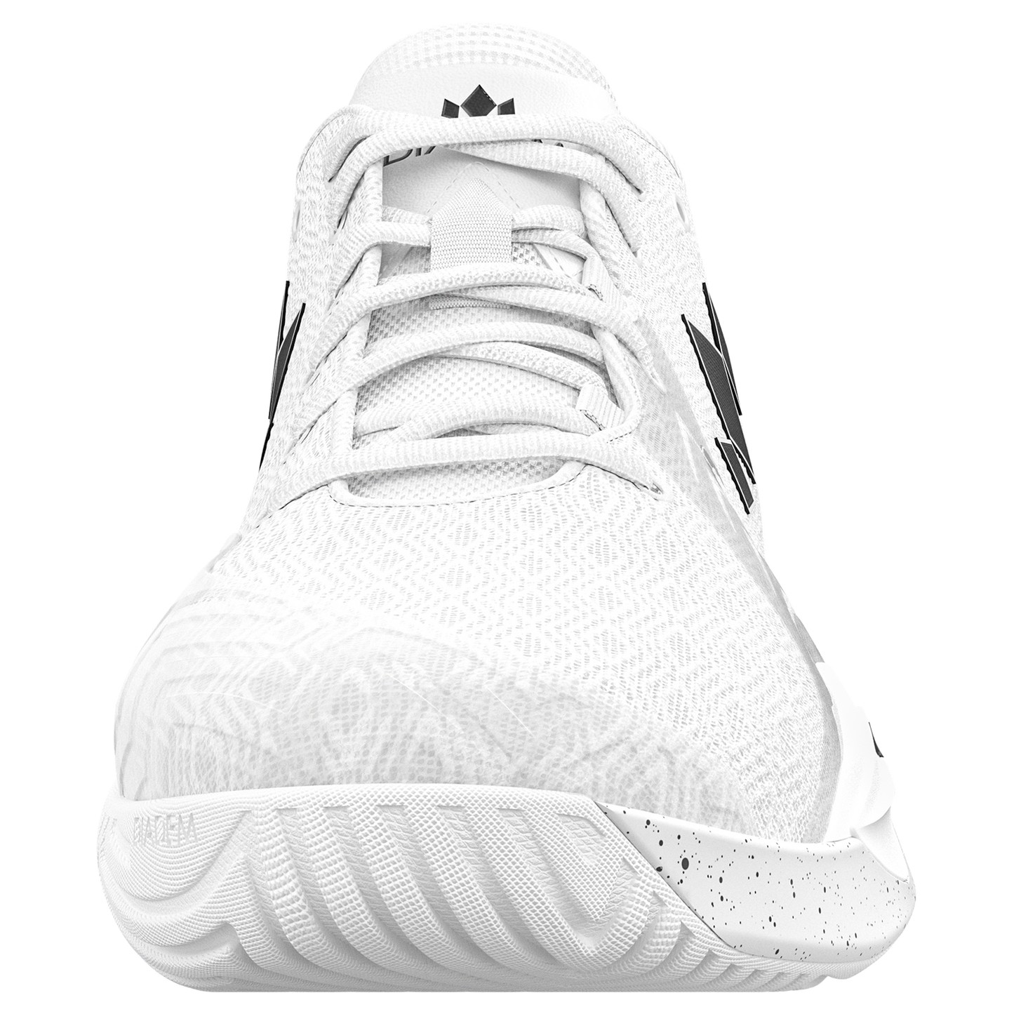 White athletic shoe with black accents on a white background