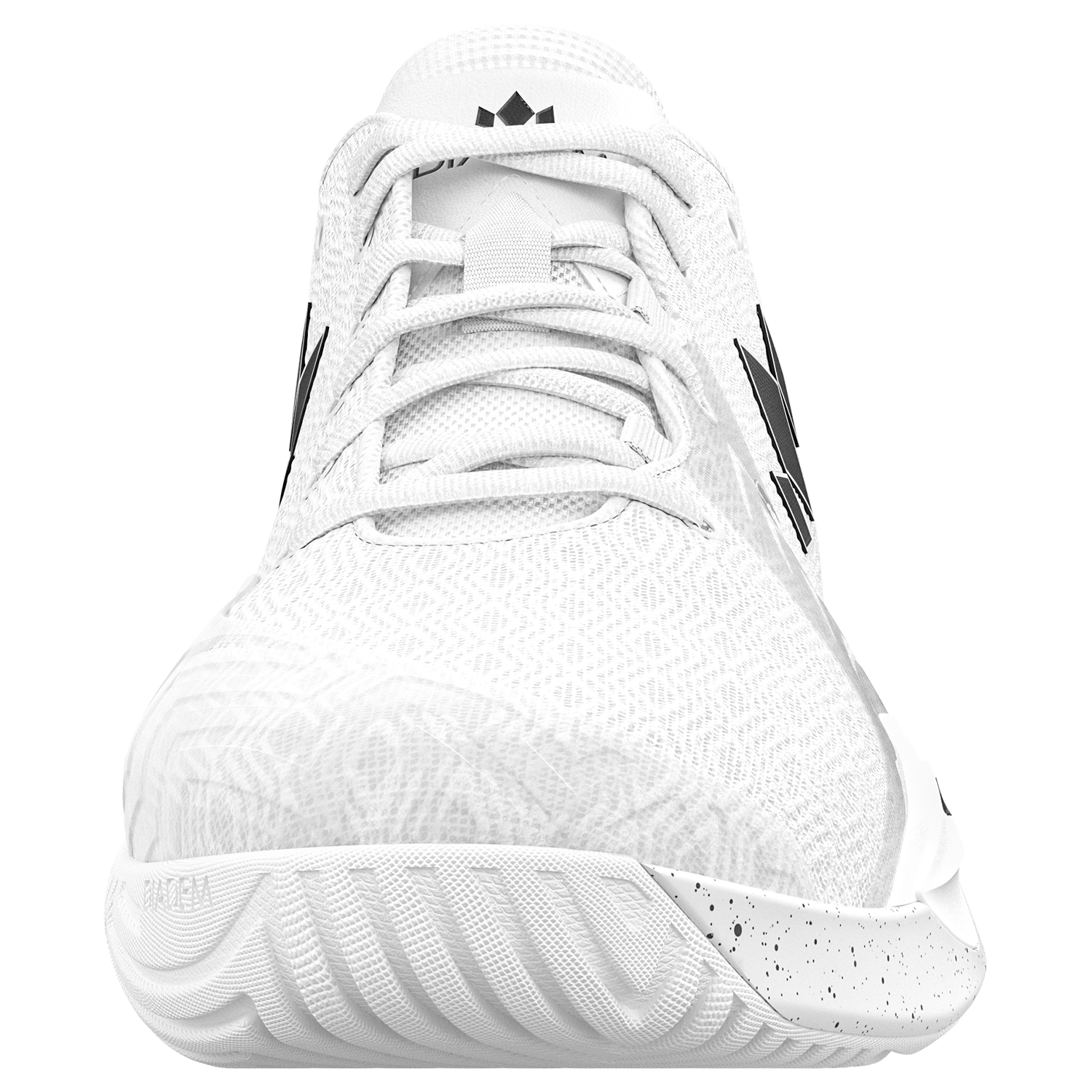 White athletic shoe with black accents on a white background