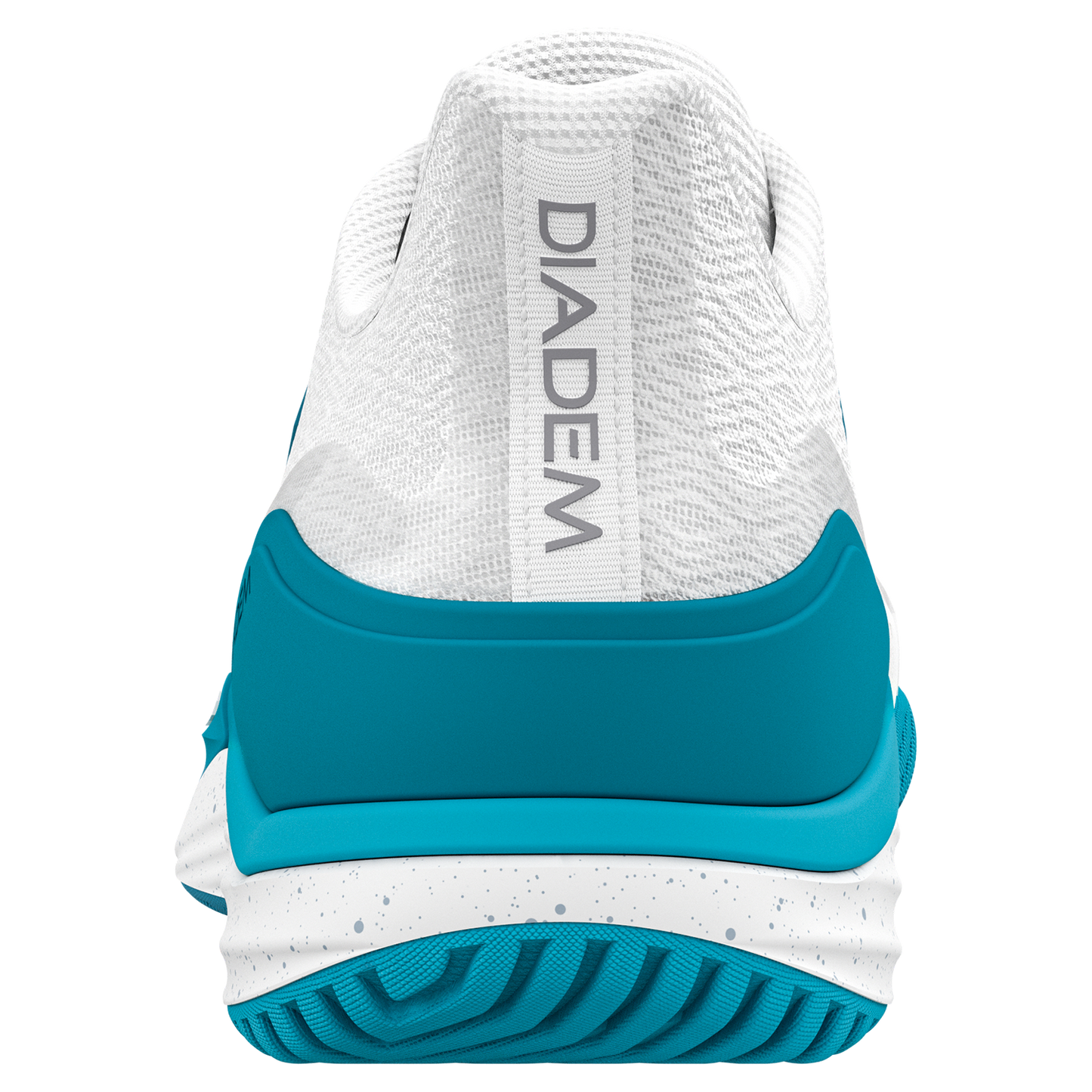 Back view of a Diadem athletic shoe with white and blue design.