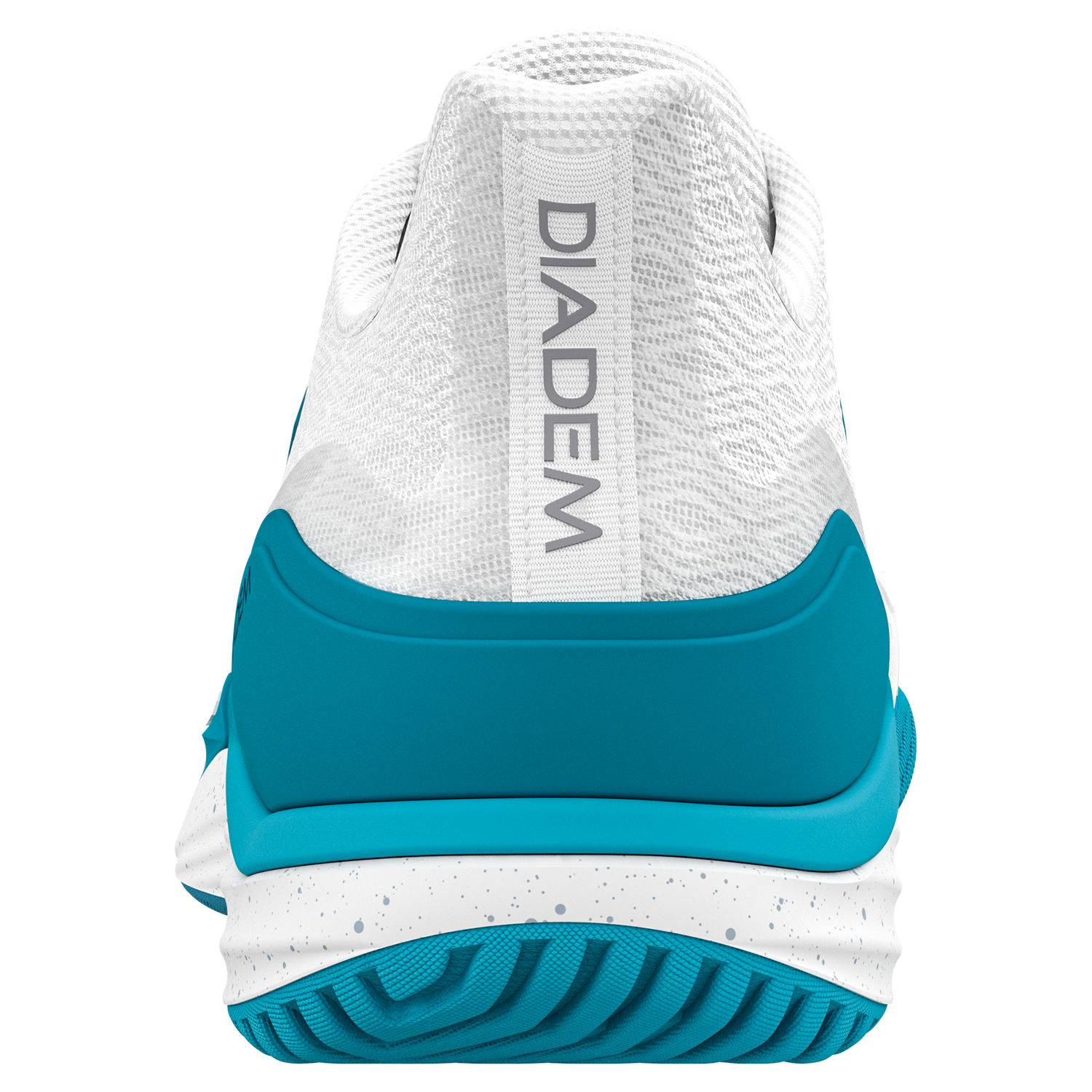 Back view of a Diadem athletic shoe with white and blue design.