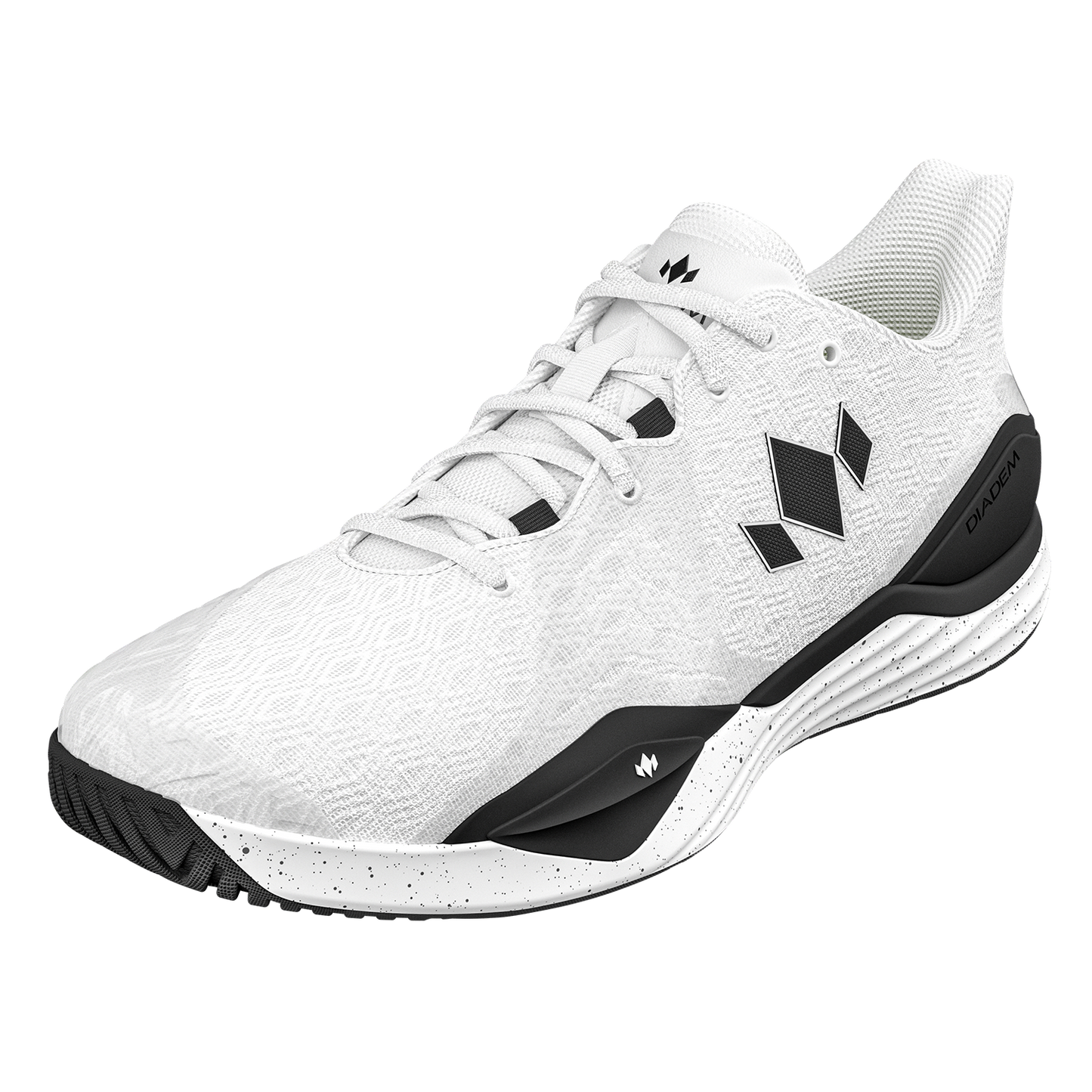 White athletic shoe with black accents on a white background
